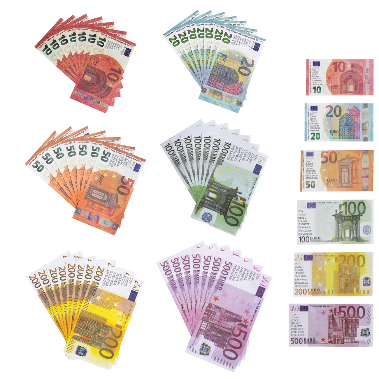 Chumix 180 Pezzi Soldi Finti per Bambini, 10, 20, 50, 100, 200, 500 Banconote Finte, Soldi Falsi Utilizzare nelle Registratore di Cassa Giocattolo, Come Oggetti Scena per L'apprendimento e Il Gioco