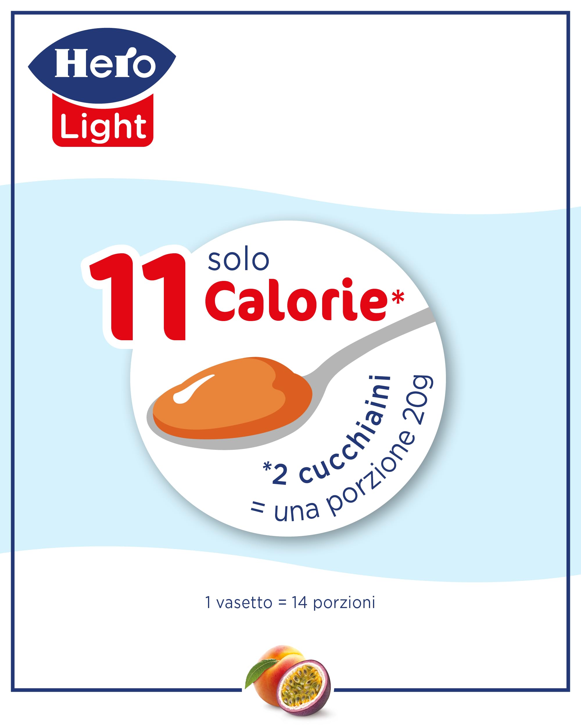 Hero Light Confettura di Pesca e Passion Fruit Light, 8 Vasetti da 280 g, Confettura Extra, Frutta di Alta Qualità, Senza Conservanti e Coloranti, Pochissime Calorie