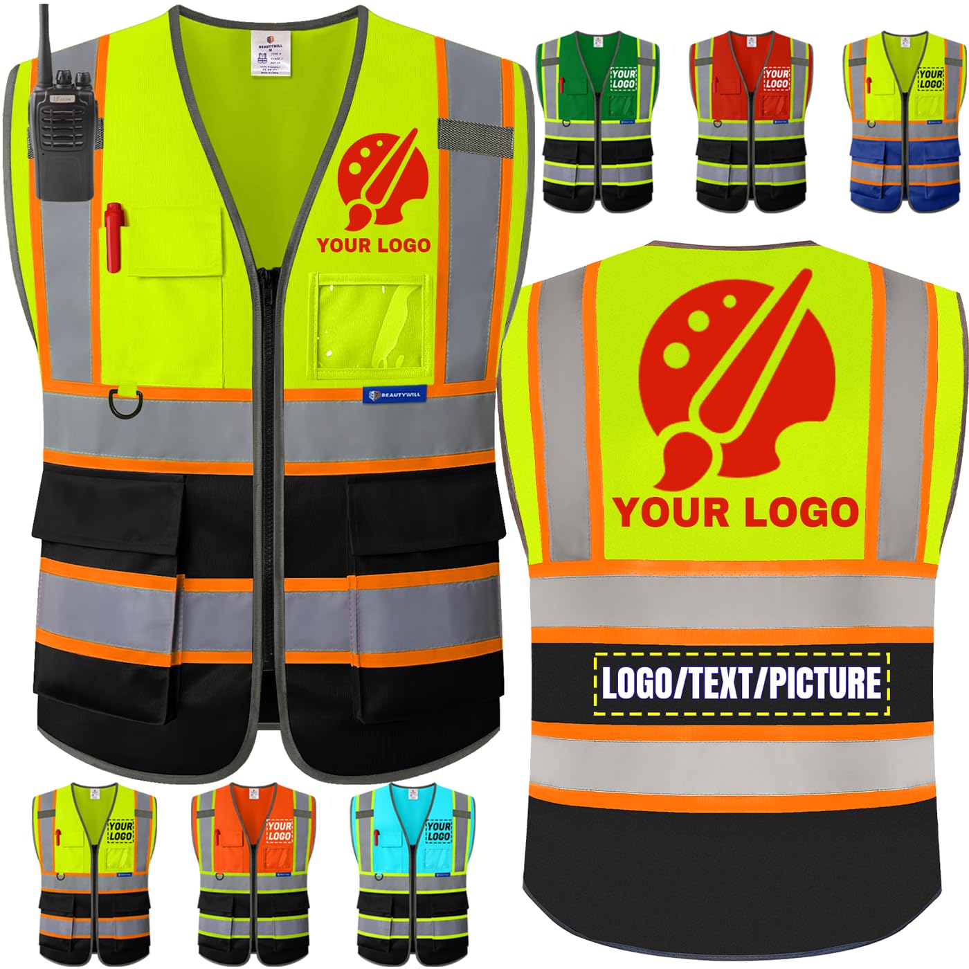 BeautyWill Personalized Team Vest: Class 2 Hi-Vis Safety Vest for Men | Custom Logo & 5 Reflective Pockets