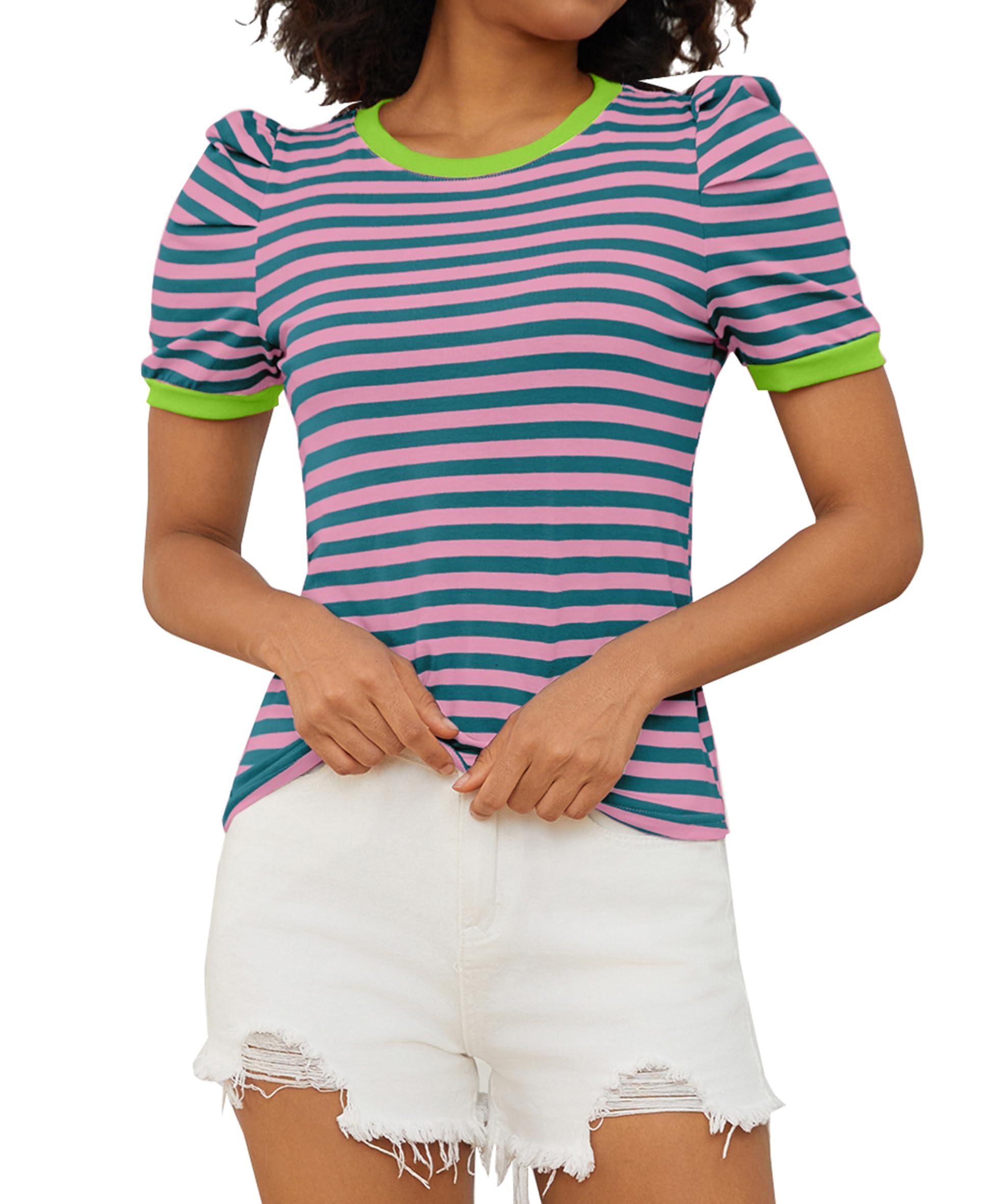 Women Summer Short Sleeve Shirts Crewneck Striped Color Block T Shirts Slim Fit Basic Tee Tops Women Summer Short Sleeve Shirts Crewneck Striped Color Block T Shirts Slim Fit Basic Tee Tops