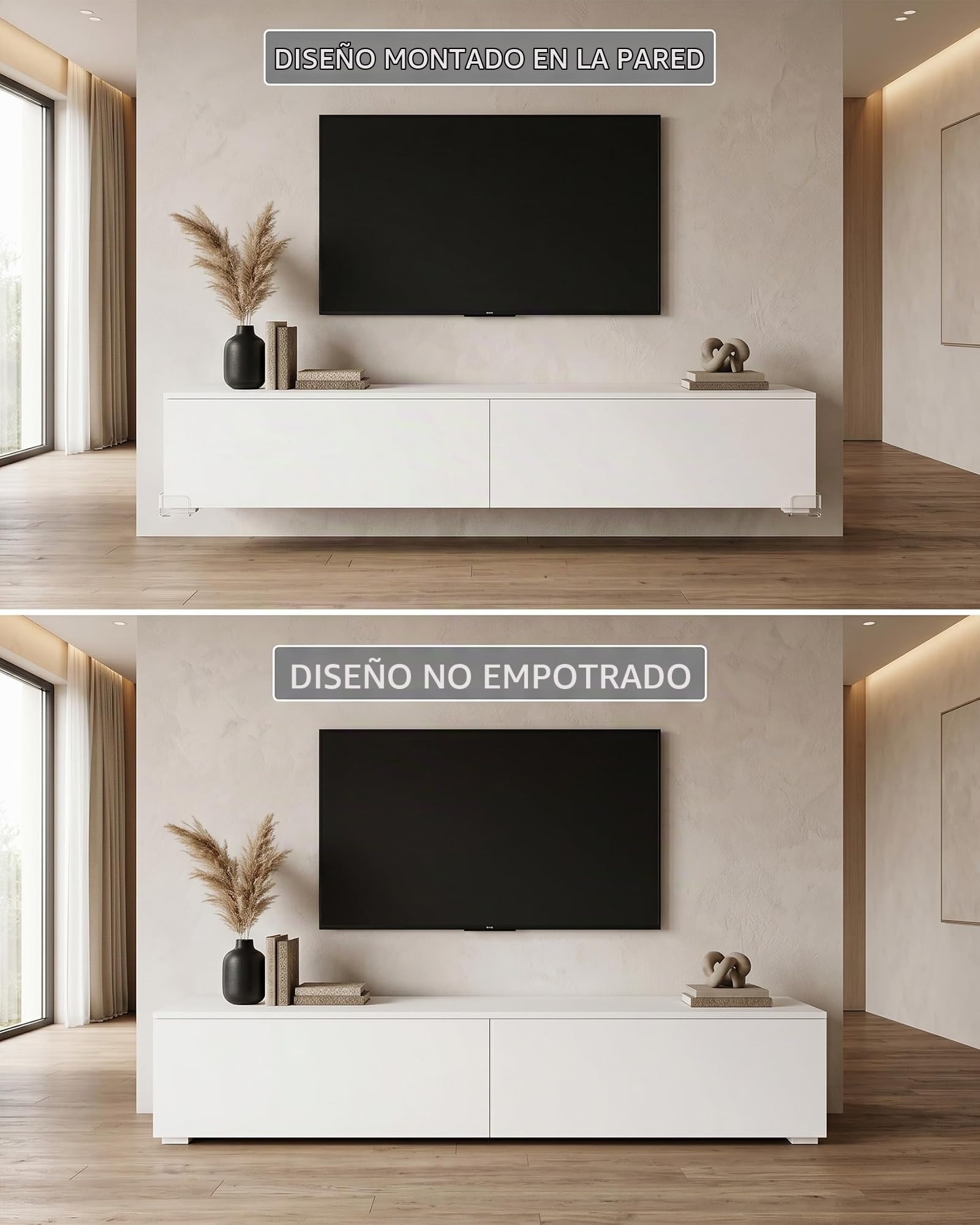 Muebles TV Salon Modernos, Mueble TV Flotante Blanco 180 cm con Espacio de Almacenamiento y Efecto RGB Multicolor Variable