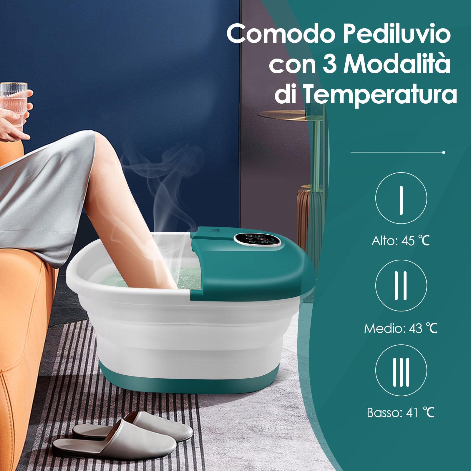 GYMAX Pediluvio Elettrico, 3 in 1 Massaggiatore Piedi Pieghevole con Riscaldamento dell’Acqua in 3 Livelli, Getti di Bolle, Pannello di Controllo Magnetico, per Tutta la Famiglia (Verde Scuro)