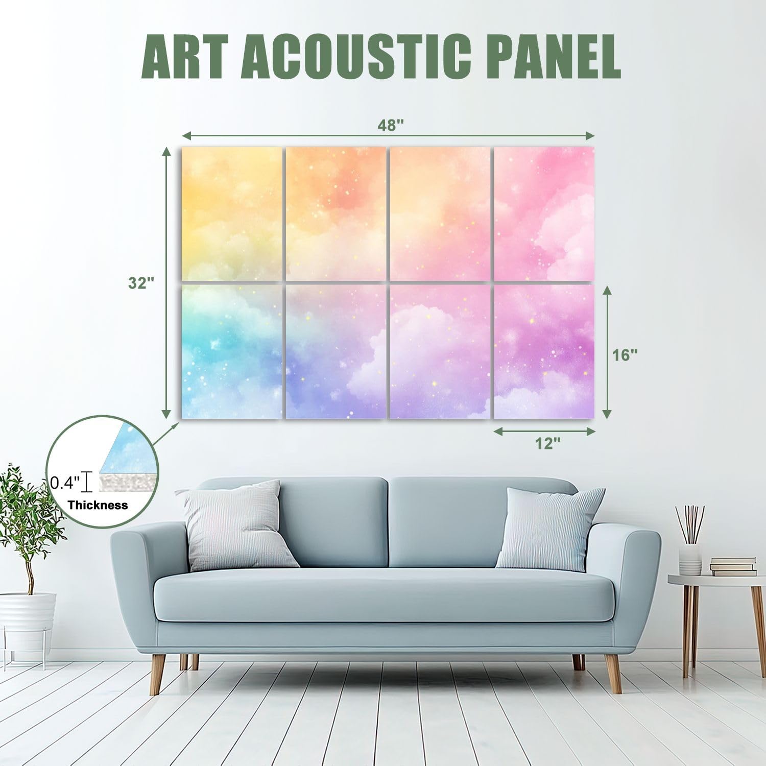 8 Pack Art Acoustic Panels Sound Absorbing Bright Pastel Rainbow Gradations Yellow Gold Pink Cyan Purple Clouds Decorative Soundproof Wall Panels Self Adhesive for Recording Studios Office 48"x32"