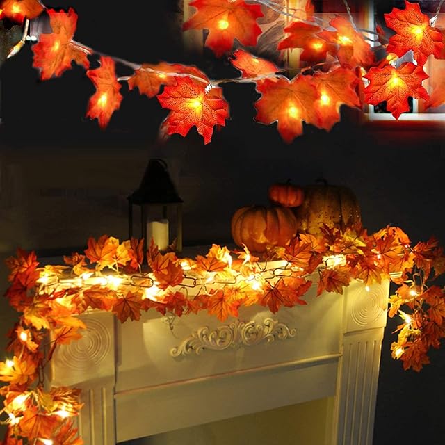 LAMOOER Maple Leaf String Lights, 6M 40 LED Autumn Leaf Garland Lights for Thanksgiving, Halloween, Christmas Outdoor Indoor Decor