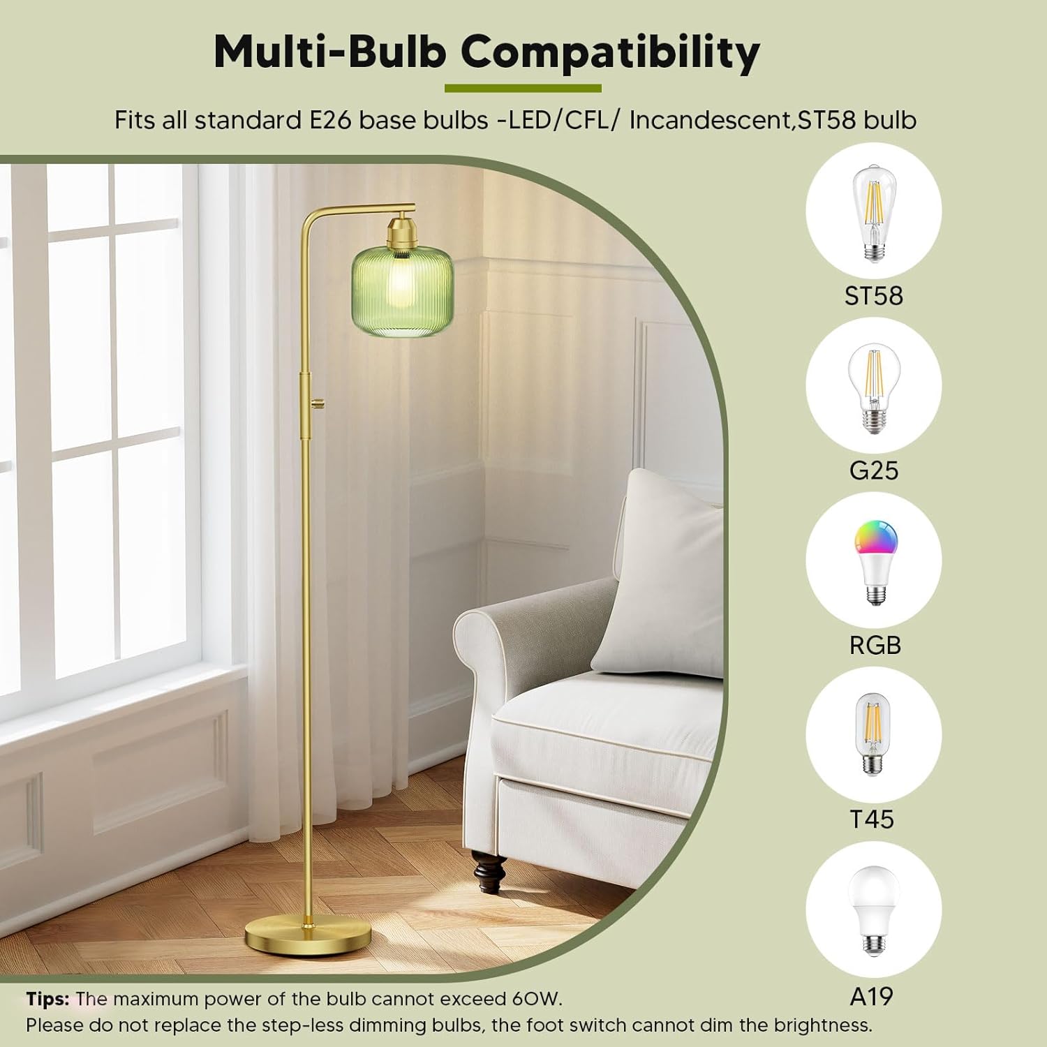 Glass Floor Lamp for Living Room, Modern Standing Lamp with Green Ribbed Glass Lampshade&Brushed Gold, Stepless Dimmable Rotary Switch, 66” Tall Lamp & Gold Floor Lamp for Bedroom Study Room