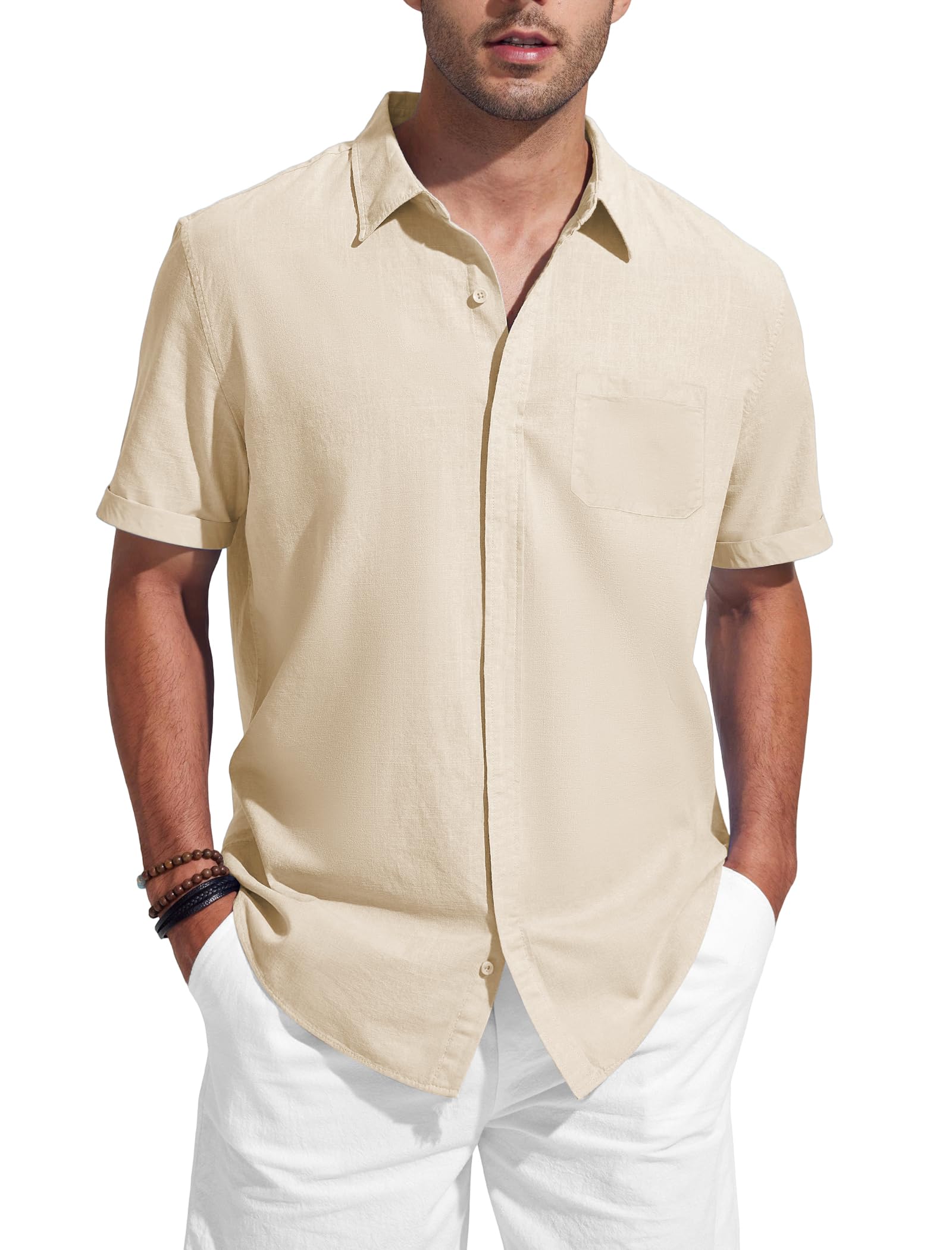 Friptspyg Leinenhemd Herren mit Tasche Baumwolle leinen Hemden Herren Kurzarm Sommerhemd mit Versteckten Knöpfen Casual Alltag Strand