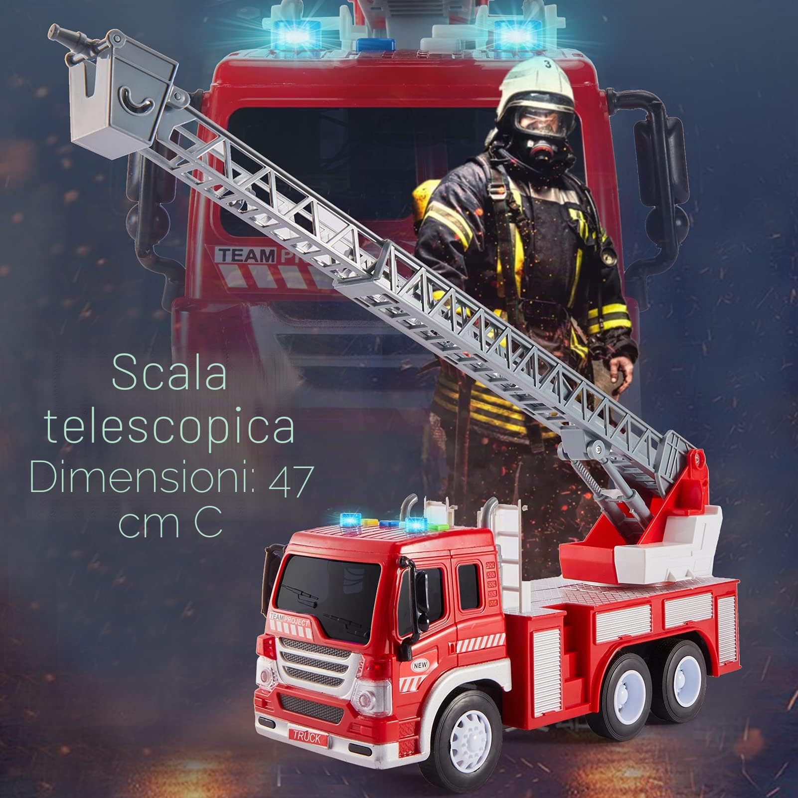 HERSITY Camion Pompieri Giocattolo Grande, Giochi Vigili del Fuoco con Luci e Suoni, Scala Retrattile, 1/16 Camioncino con Macchinine per Bambini Maschio 3 4 5 Anni