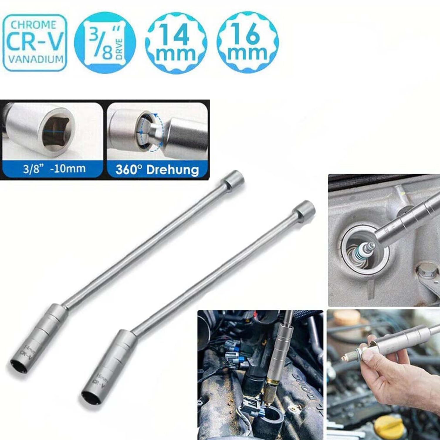 Juego 2 Piezas Llave Bujía Magnética 14mm 16mm, Llave de Bujías Giratoria 12 Puntos 3/8", Cambiar Bujías Fácil, Herramienta Extracción Universal para Coche, Moto, Cortacésped, Pozos Profundos (B)