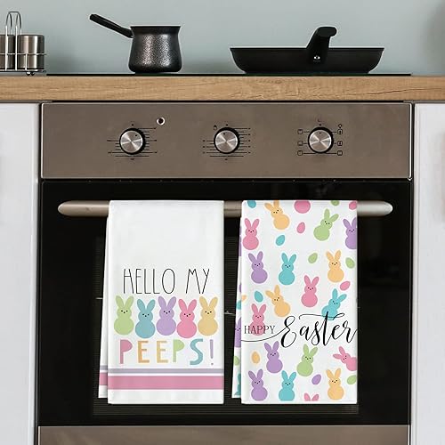 Miniatura 7 de AnyDesign Toalla de cocina de Pascua con diseño de conejo de dibujos animados de Pascua 18 x 28 pulgadas Hello My Peeps toalla de té de secado a