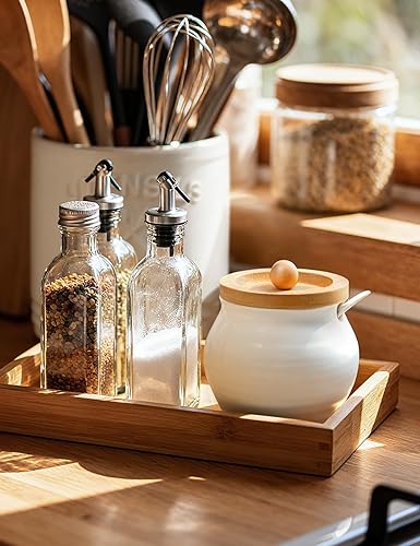 Miniatura 8 de AISBUGUR Azucarero con tapa y cuchara, tarro de azúcar de 13 onzas con tapa de bambú, recipiente de cerámica para barra de café, encimera,