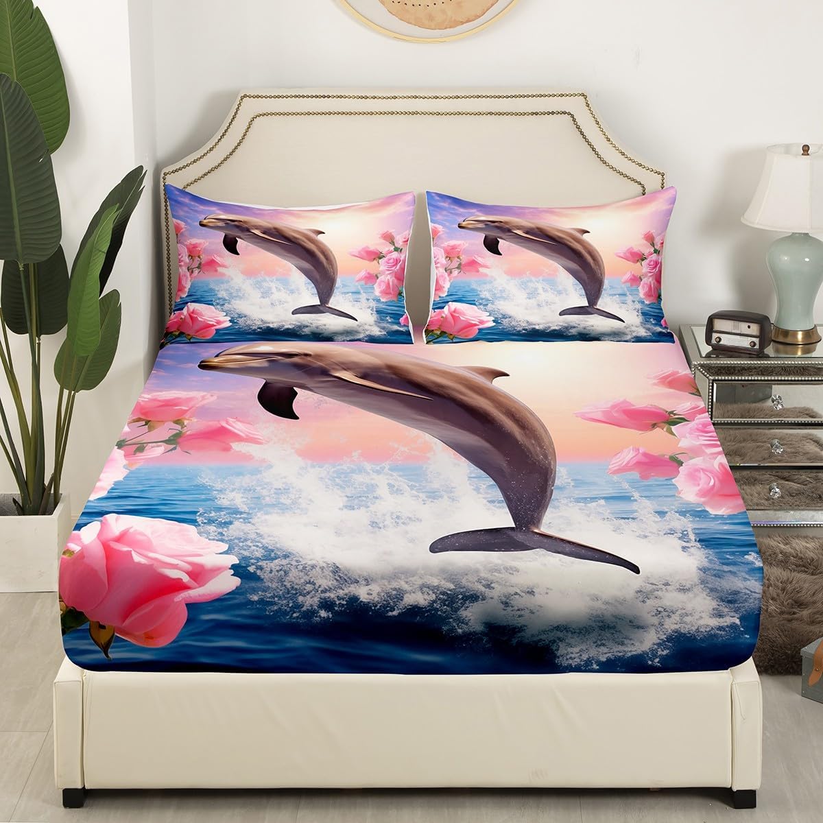 Erosebridal Cute Dolphin Bed Sheets Wildlife Animal Fitted Sheet Full Size, Pink Floral Bedding Ocean Wave Rainbow Sky Sheet, Botanical Flower Bed Cover 3-Piece (Deep Pocket)
