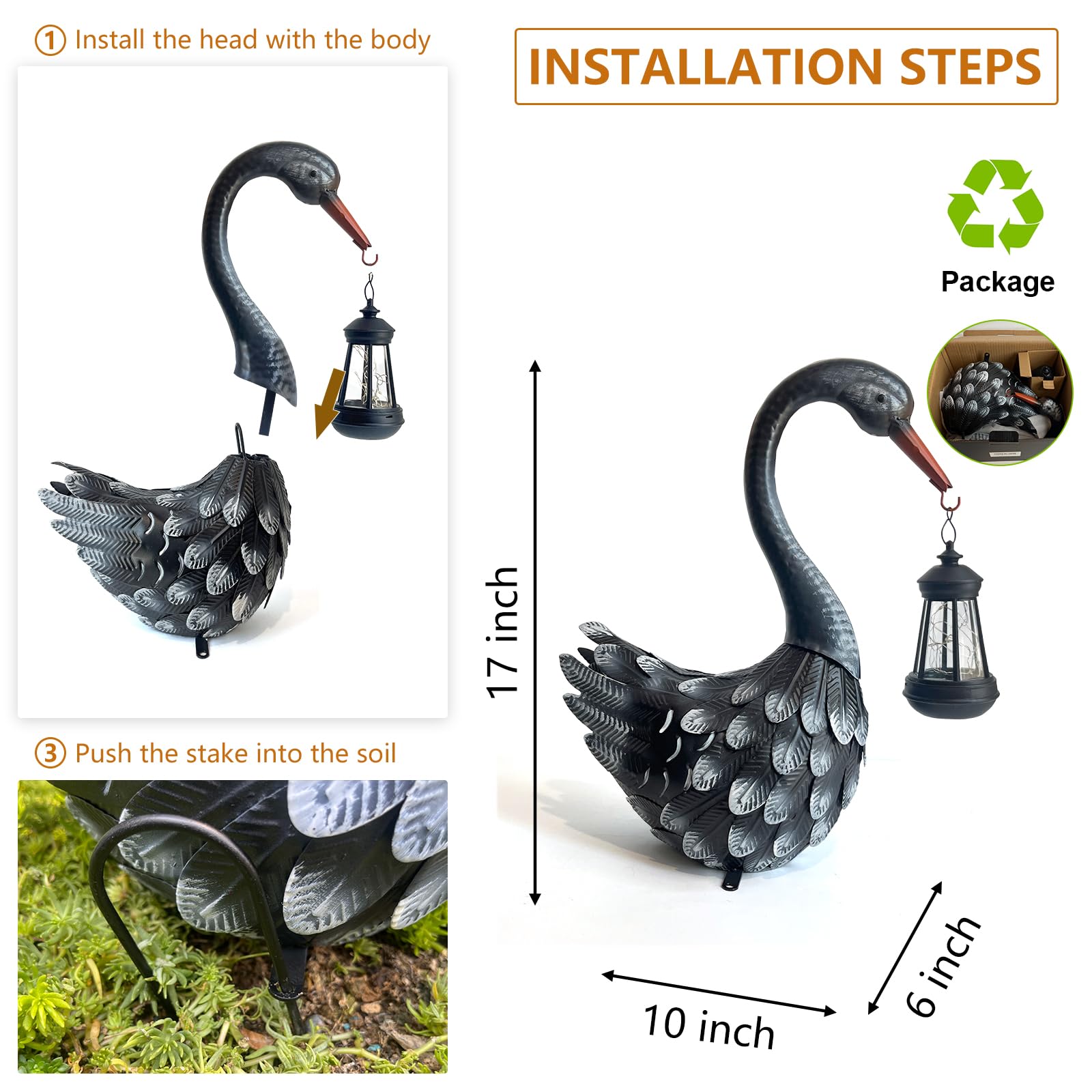 HONGLAND Estatua solar de jardín al aire libre, decoración de cisne, decoración de pájaros, adorno de césped para patio, porche, piscina (negro)