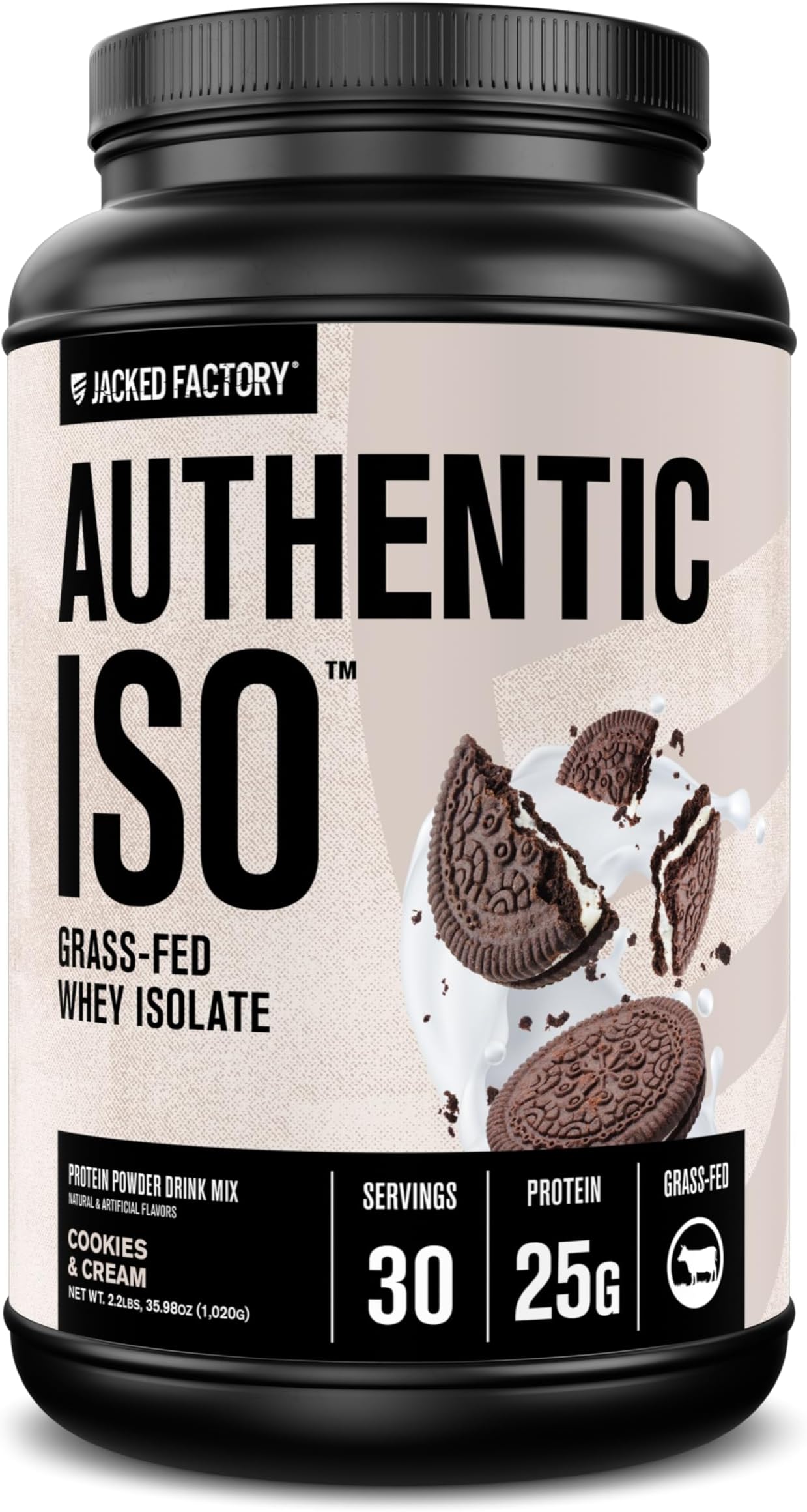 Jacked Factory Authentic ISO Whey Protein Isolate Powder - Low Carb, Non-GMO Muscle Building Protein w/No Fillers, Post Workout Recovery - 30 Servings, Cookies & Cream