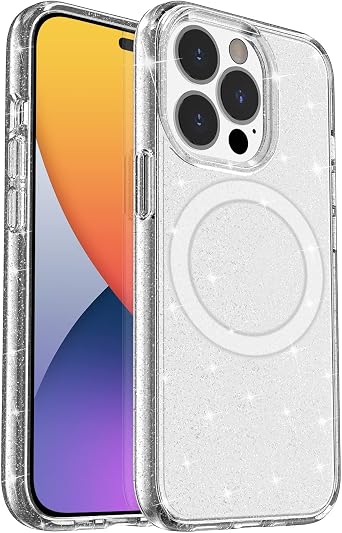 ZUSLAB Magnetic Case Compatible with Apple iPhone 14 Pro 6.1 2022, Compatible with All MagSafe Accessories & Charging, Sparkle Bling TPU Gel Bumper, Transparent Hard PC Back Cover, Clear Glitter