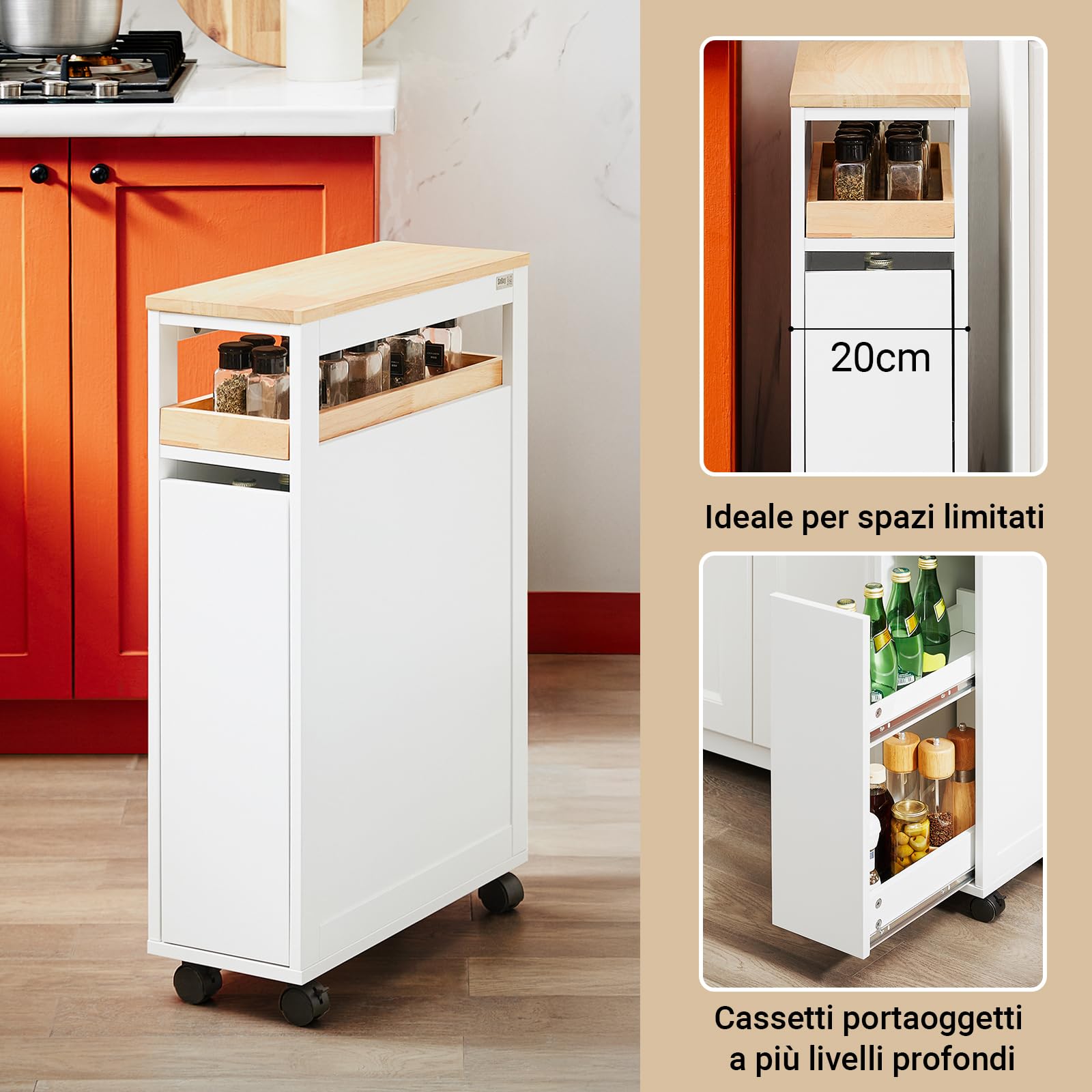 SoBuy Carrello Cucina Salvaspazio Stretto – Mobiletto da Nicchia 20 cm con Ruote, Carrellino Cucina Multifunzione e Mobiletto Salvaspazio Cucina per Cucina e Bagno Bianco & Naturale 20x51x79cmNSR11-WN