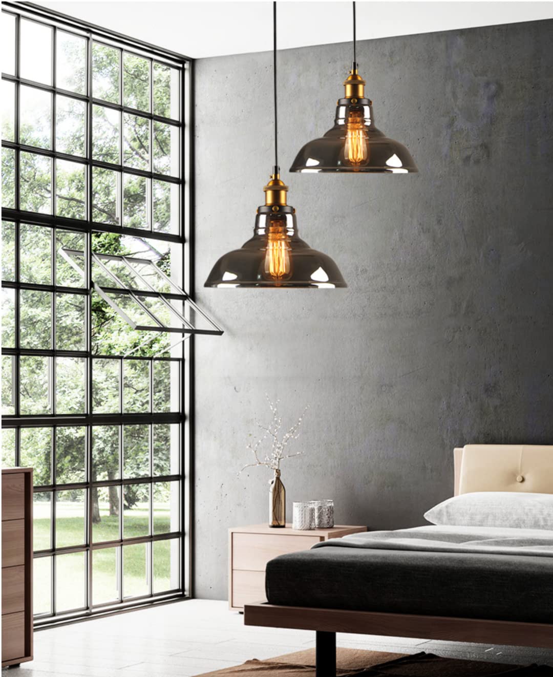 Suspension Industrielle Vintage, Abat-Jour en Verre Gris Fumé Créatif Suspension Lustre Plafonnier pour Loft, Restaurant, Couloir, Café, Bar