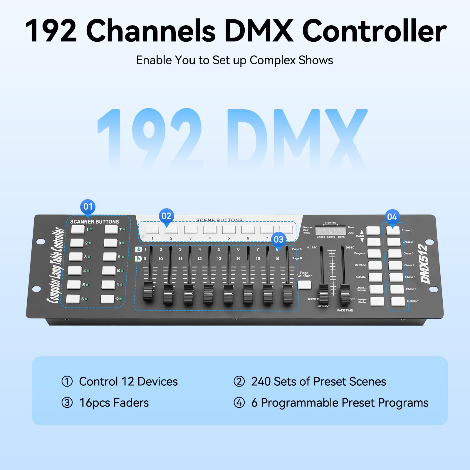 DMX 512 Control Light Mixer, 192 canali Dmx Console Mixer luce DMX Controler Party DJ Disco Operatore Equipment Moving Head Luce Palcoscenico Lampada Operatore Attrezzatura