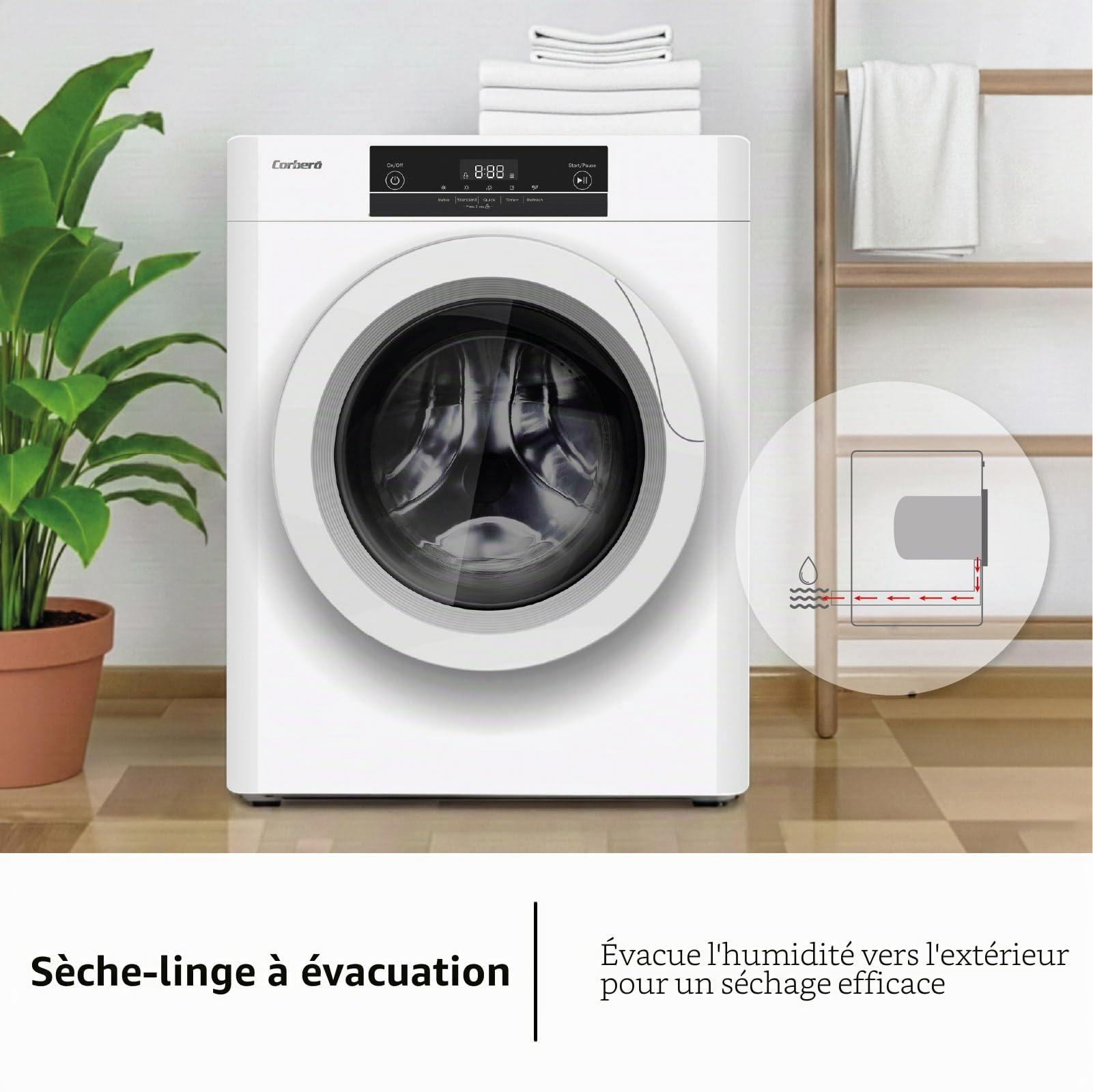 Corberó CSM320W Sèche-linge d'évacuation Charge avant, 3 kg, Évacuation, Affichage LED, Blanc, 5 programmes, séchage rapide 45 min, ouverture 180°, 65dB, Efficacité énergétique C