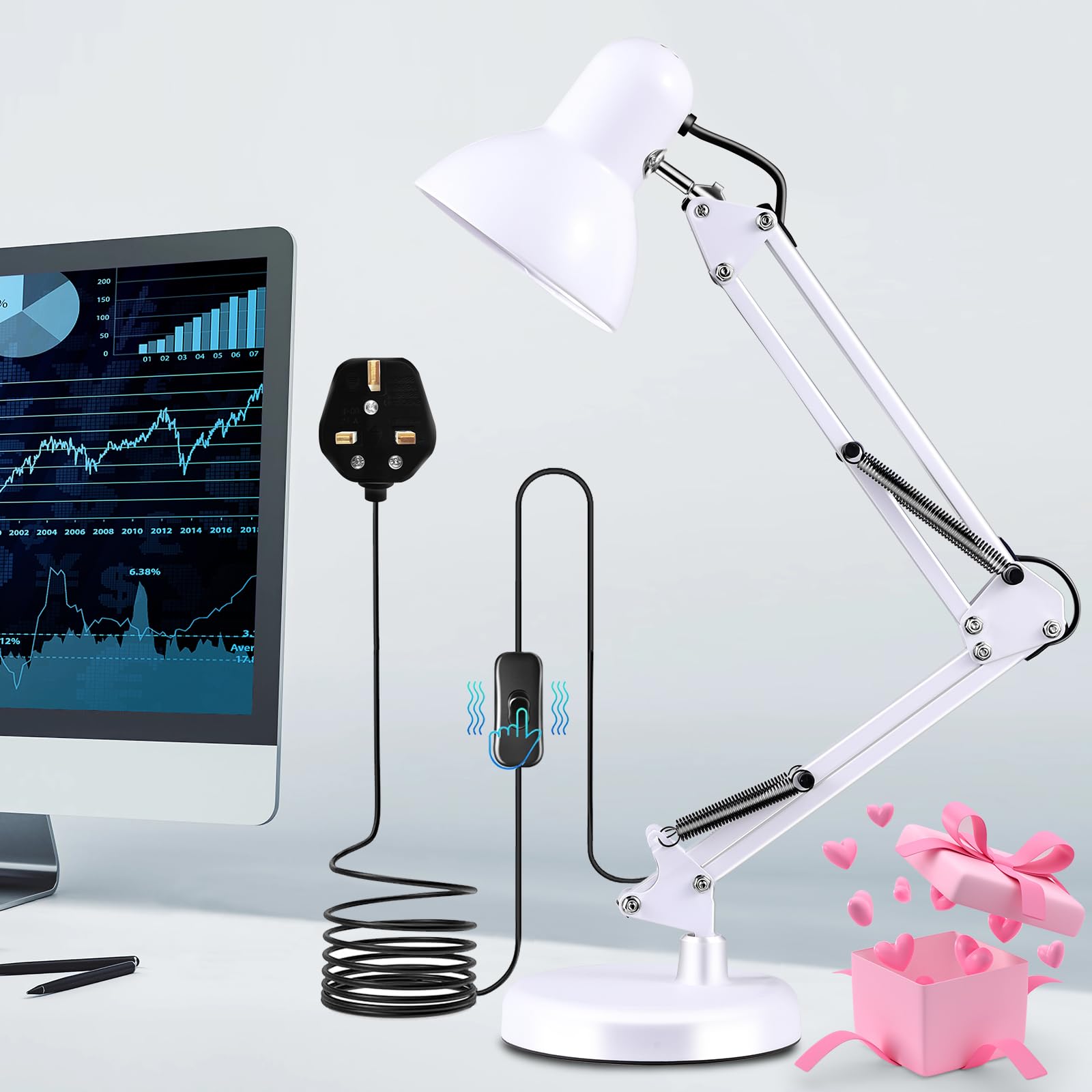 Sunfuny Swing Arm Desk Lamp, Office Reading Ramadan Light With Adjustable Arm Metal Base,Multi-Joint Classic Architect Lamp for Kids, White, Ramadan Gift