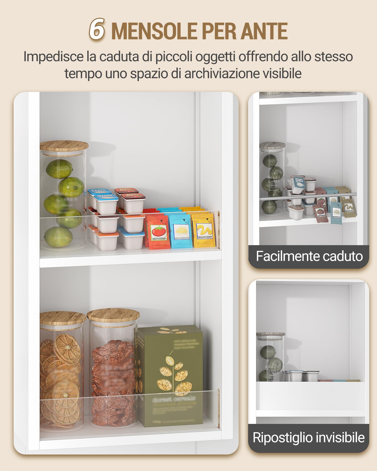Hzuaneri Credenza Cucina, Mobile Alto da Cucina, 4 Ante, 1 Ampio Cassetto Grande, Scaffale Portaoggetti Dietro la Porta, 40 x 80 x 180 cm, Moderno, Cucinas, Soggiorno, Bianco PT21003X