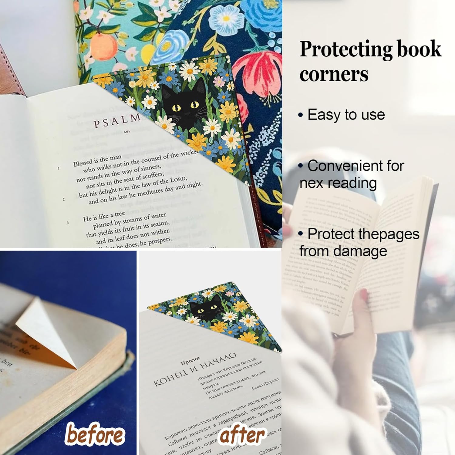 Black Cat Floral Corner Bookmarks 4 Pcs,Cute Funny Leather Bookmark Book Accessories for Book Lovers, Reading Book Page Markers for Women Men Student Teacher Office Stationery - Image 3