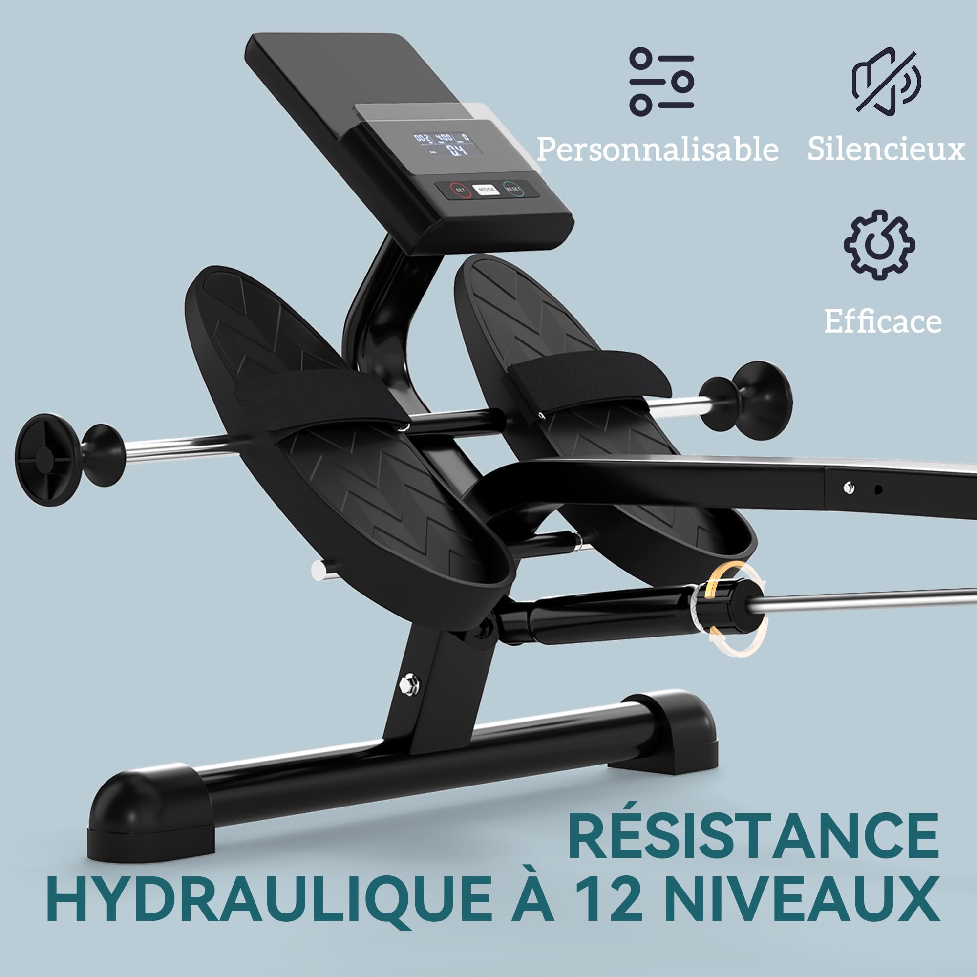 SPORTNOW Wioślarz hydrauliczny z 12 poziomami oporu Wioślarz z ekranem LCD i antypoślizgowym pedałem, maksymalne obciążenie 130 kg, trening cardio w domu, czarny