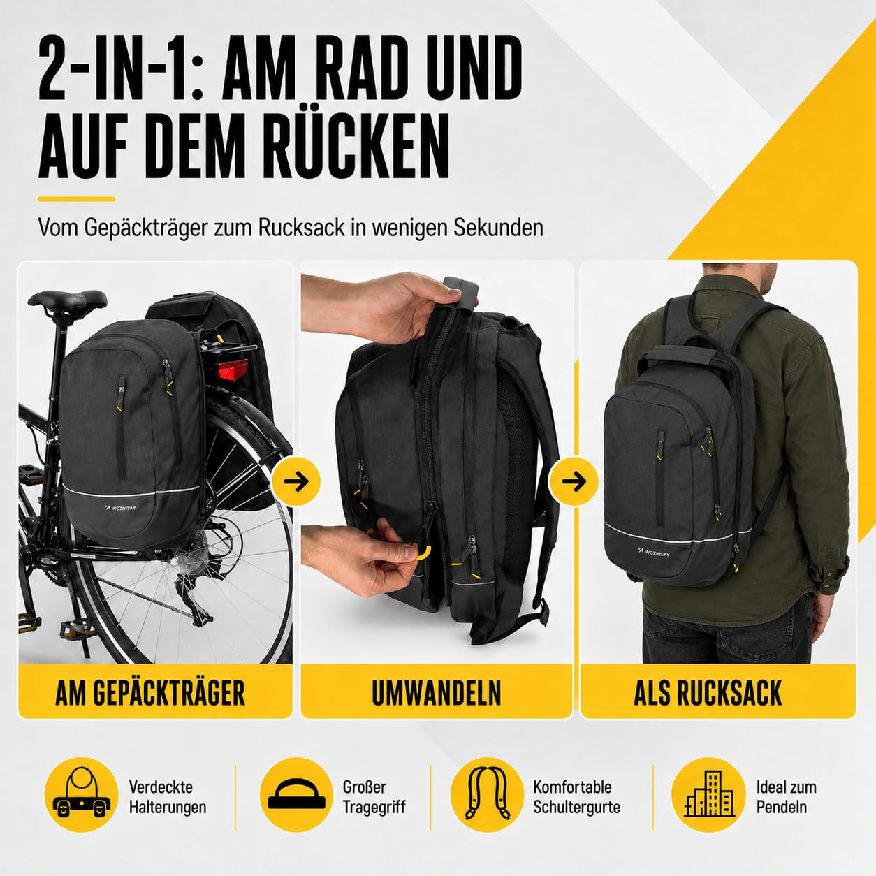 WOZINSKY Sacoche de vélo 2 en 1 pour porte-bagages arrière - Étanche - 30 l