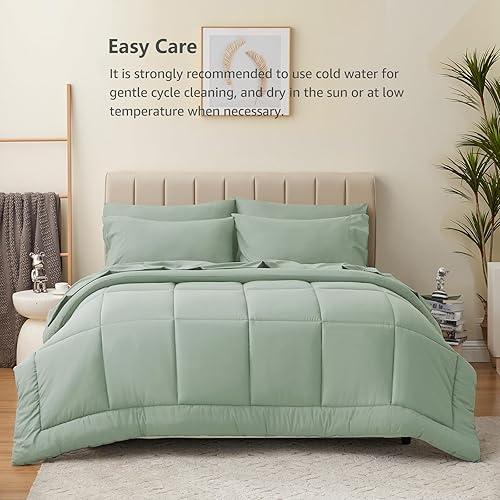 Miniatura 5 de CozyLux Juegos de edredón tamaño Queen  Juego de cama en una bolsa de 7 piezas verde salvia, juegos de ropa de cama Queen con edredón acolchado para