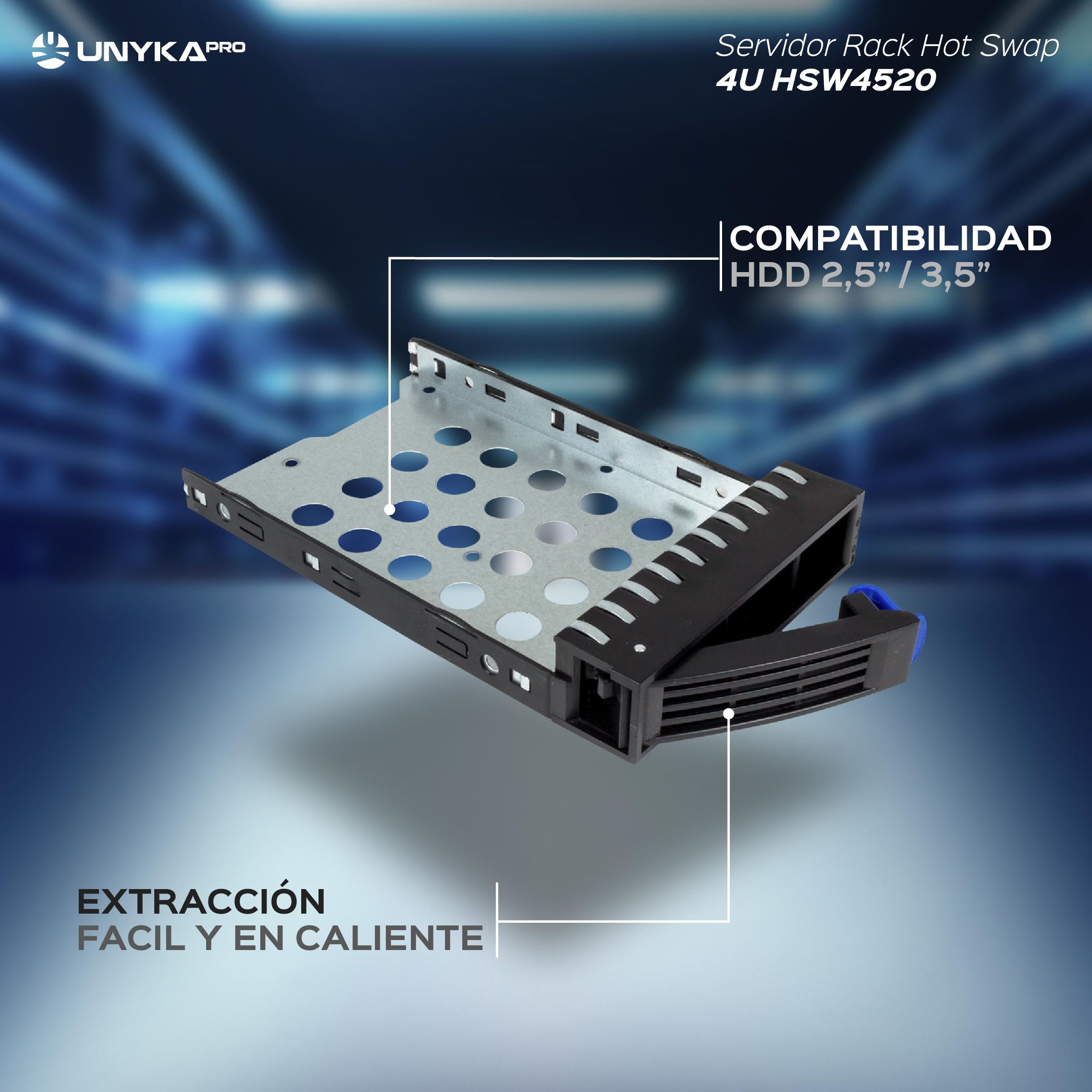 UNYKAch Chasis Rack Hot Swap HSW4520 (Sustitución de Bahías en Caliente) 4U ATX, 20 Bahías, para Discos de 3,5″ o 2.5”, 3 Ventiladores de 120 mm y 2 de 80 mm, 1 USB 2.0 y 1 USB 3.0