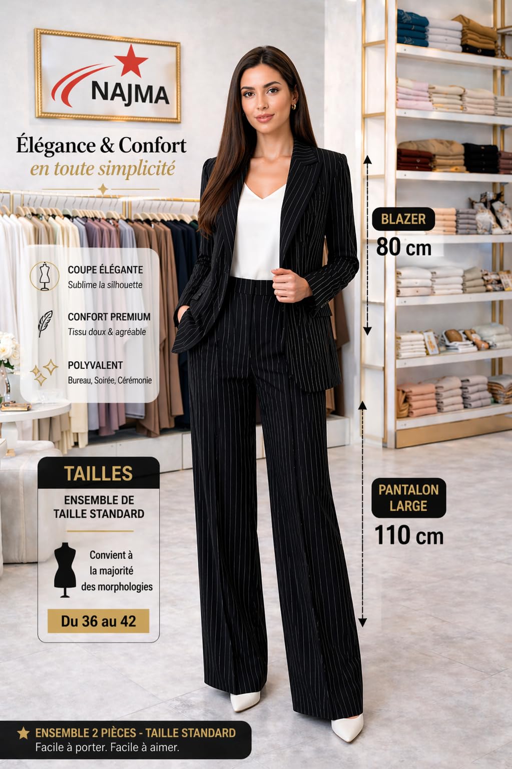 Tailleur Femme Élégant 2 Pièces Rayé – Blazer Ceinturé Structuré et Pantalon Large Fluide – Ensemble Chic