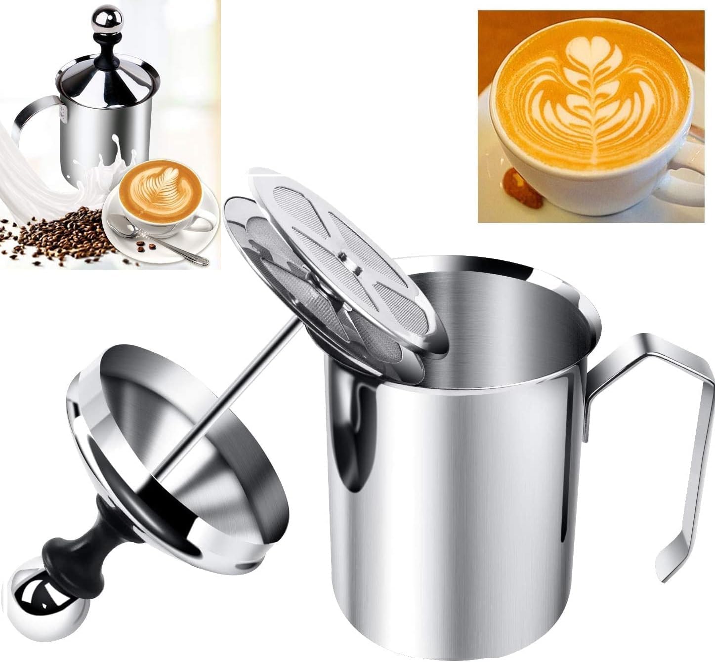 Stainless Steel Milk Frother for Coffee and Cappuccino - Double Froth Pump Manual Foam Maker - Hand Pump (400ml)-image-41