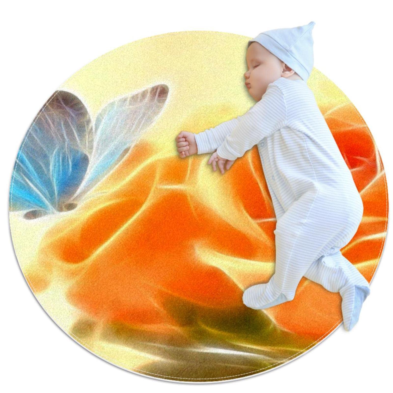 Tapis rond bleu et orange JDEZ 100x100cm motif fleur de rose et papillon