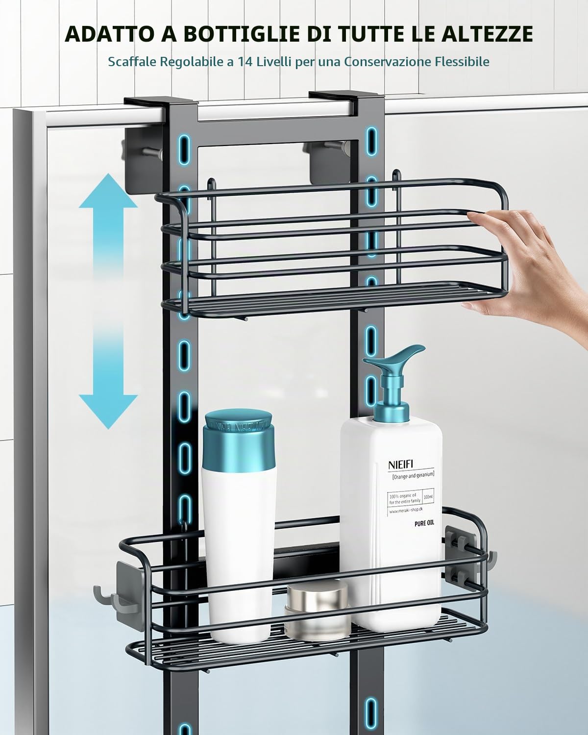 Nieifi Scaffale portaoggetti da appendere sopra la porta della doccia, con ganci affidabili, robusto e antiruggine, da appendere, per doccia, mensole da bagno, senza trapano, extra large