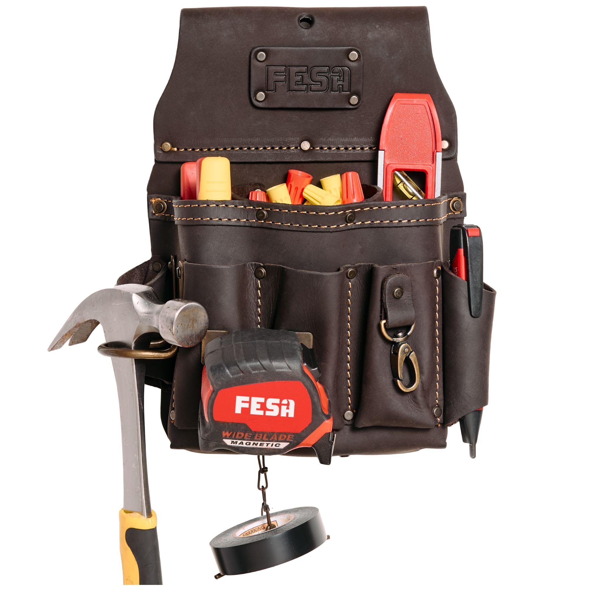 FESA Leather Electrician Tool Pouch - 13-in-1 Top Grain Leather Electrician Pouch w/Steel Hammer Loop, Tape Measure Clip, Tape T-Chain & 6 Pockets -