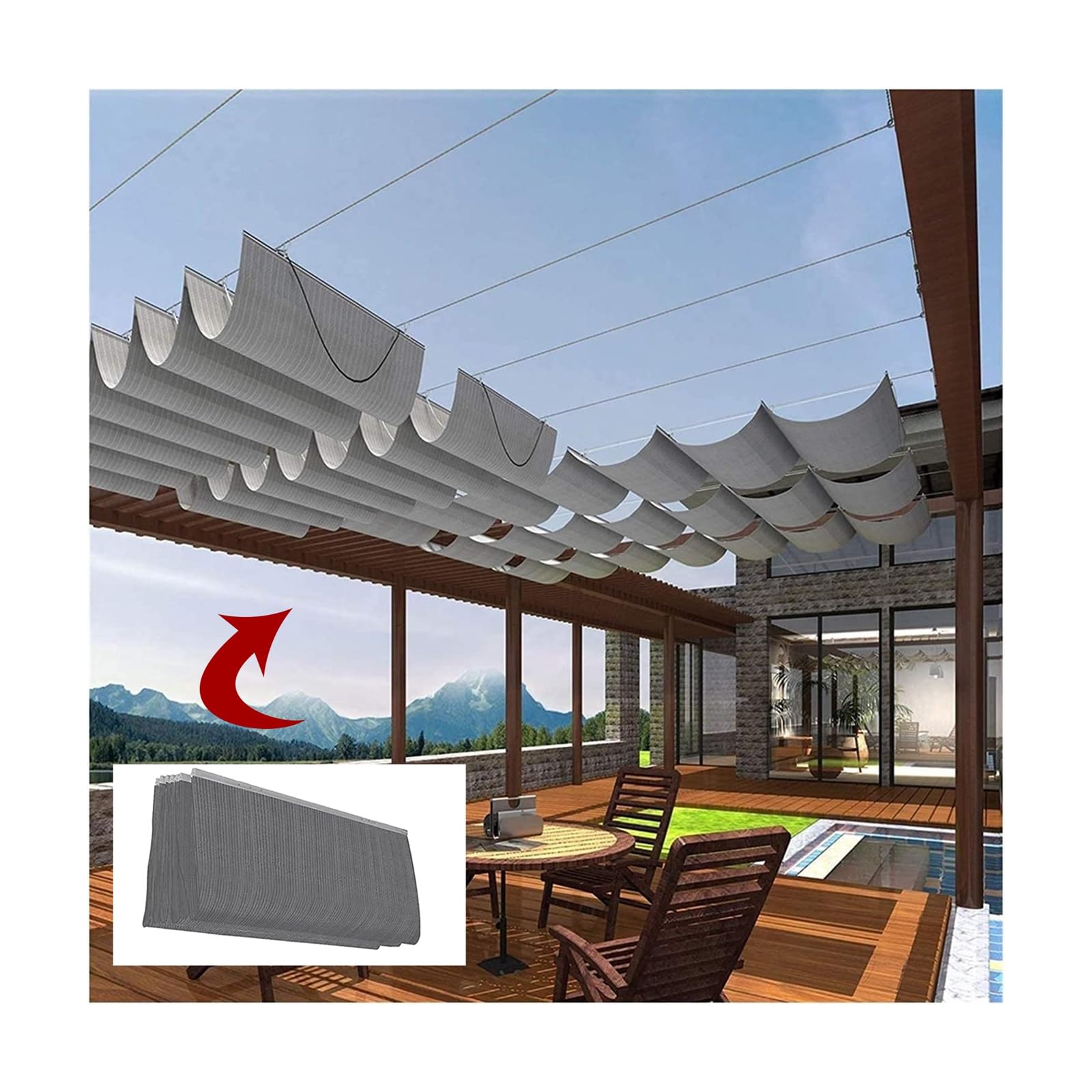 Voile d'ombrage rétractable en vague pour pergola et terrasse extérieure