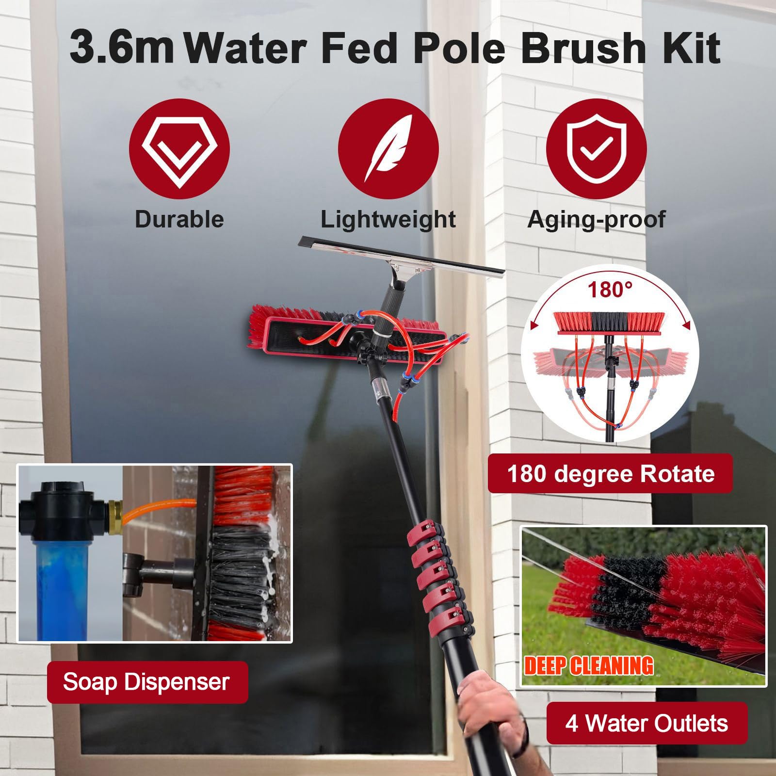 Genérico Cepillo telescópico para Ventanas de 3,6-10,8 m con alimentación de Agua para techos, Limpiador de Paneles solares, Kit con dispensador de jabón y escobilla de Goma, para Camiones,