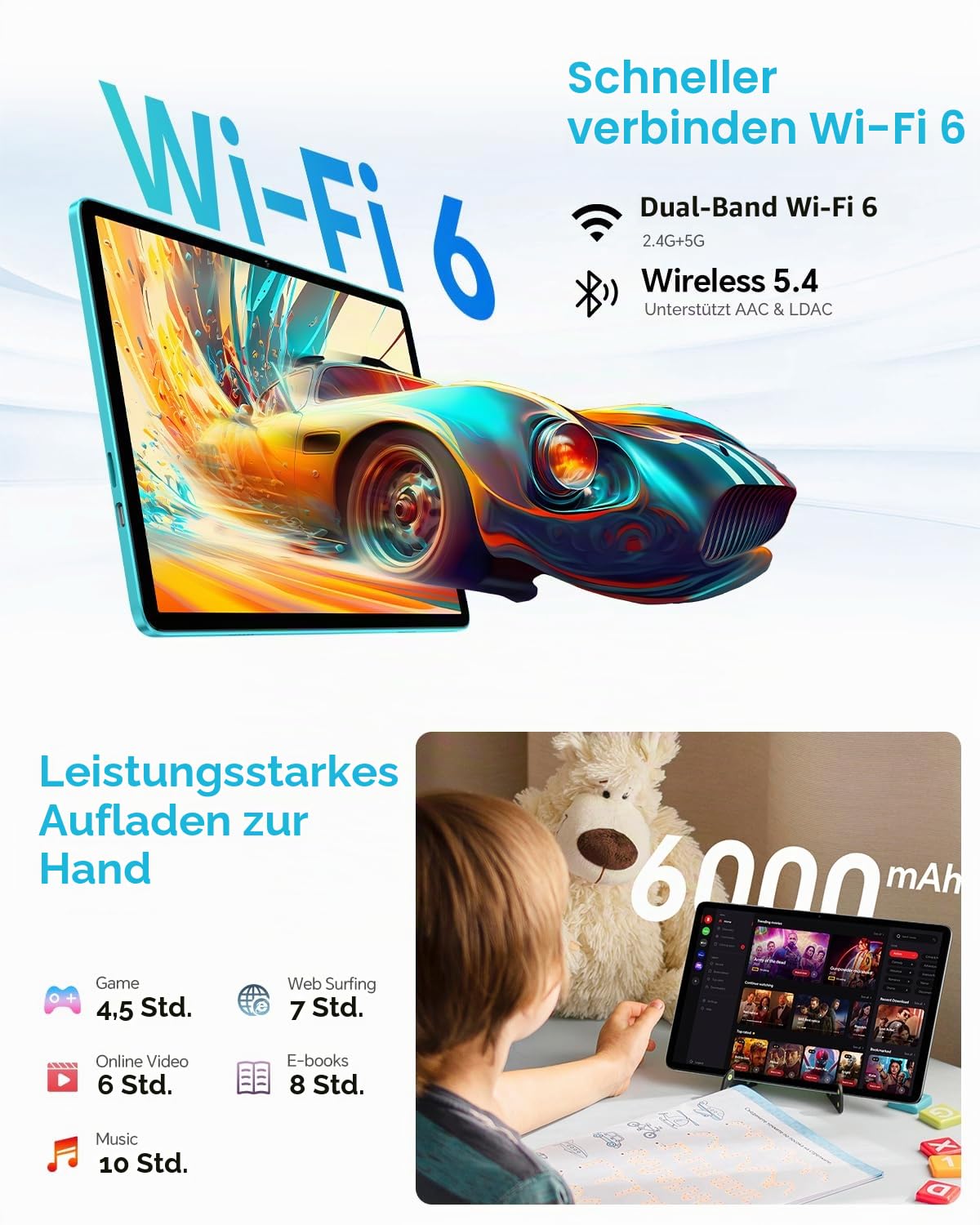 TECLAST 10.1 Zoll Android Tablet mit Gemini AI, Tablets mit Tastatur und Stift 10-Zubehör, 64GB ROM (bis TF 4TB), 6000mAh, Widevine L1, GPS, 5G Wi-Fi, BT 5.4, OTG, Type-c Anschluss