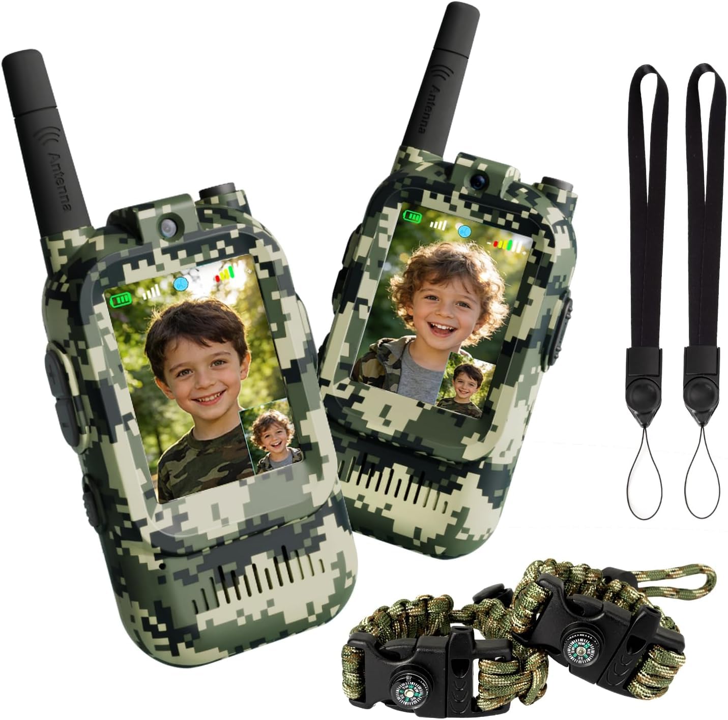 Video Walkie Talkies for Kids, 2 Pack Camo 2 Way Radio Toys for 3-12 Year Old Boys, Long Range Handheld Walkie Talkie for Outdoor Camping Hiking, Best Birthday Gifts (Camo Green)