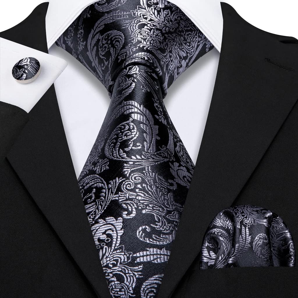 Corbata de seda negra para hombre, conjunto de corbata clásica, pañuelo, gemelos, corbata, accesorio para boda, fiesta de negocios