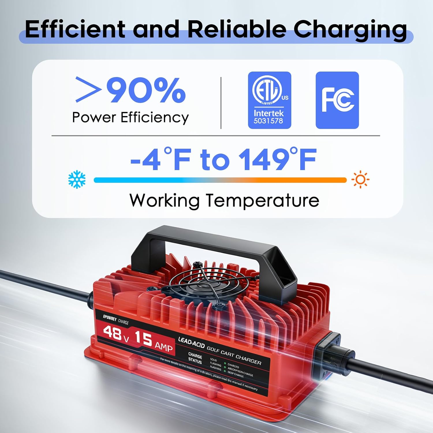 15 AMP Golf Cart Charger for 48 Volt EZGO RXV & TXT with 3 Pin Triangular Plug-Lead Acid Battery - Image 5