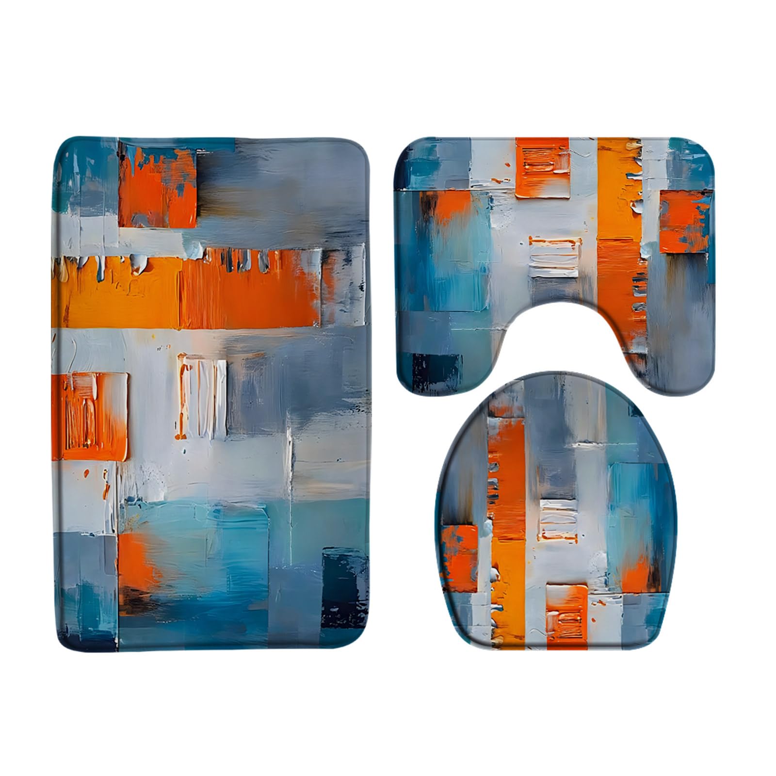 ZNLSU 3 Piece Blue Gray Orange Bath Mat Modern Abstract Art Burnt Turquoise Orange and Gray Brushstrokes Painting Bathroom Rug Sets,19.7"x31.5"Bath