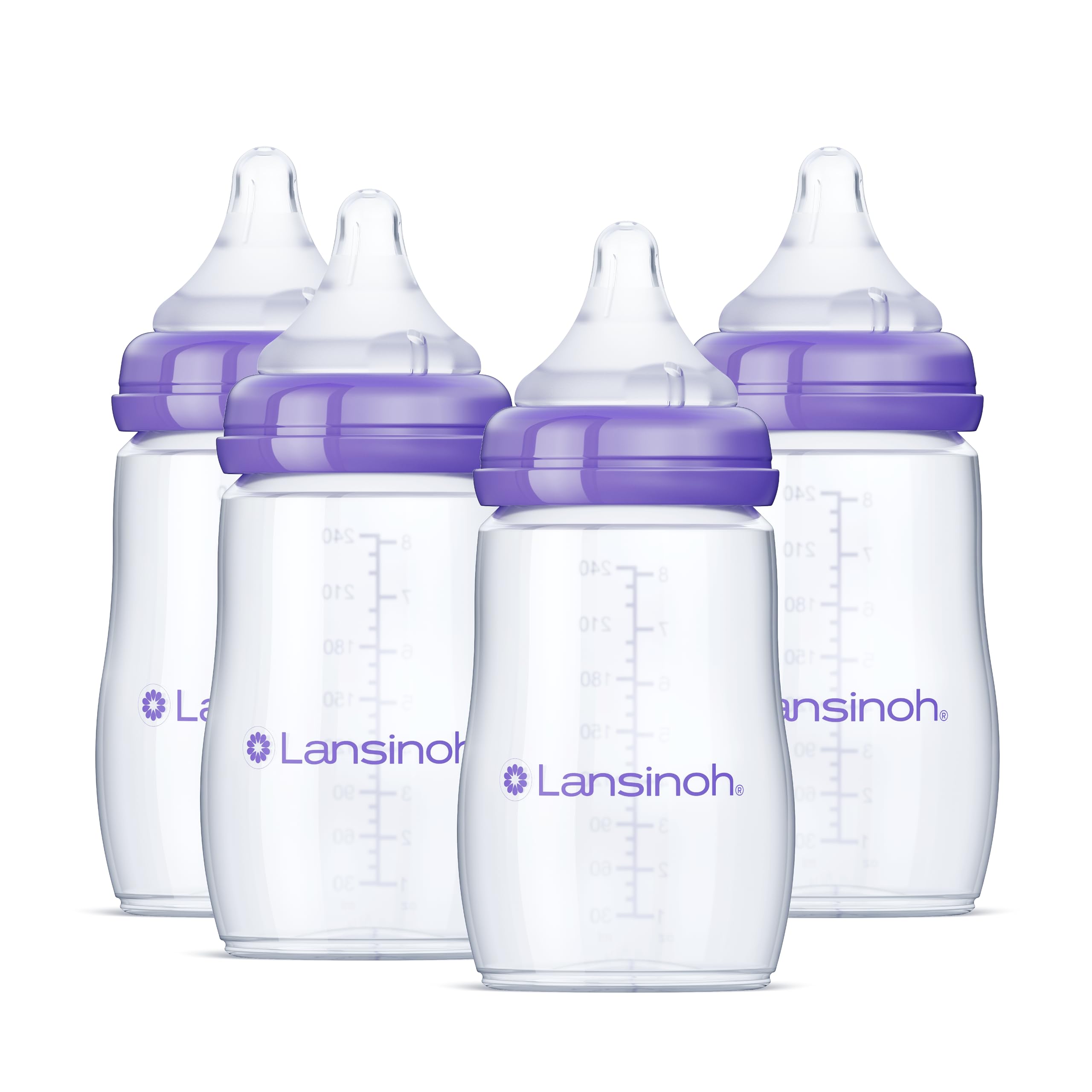 Lansinoh 4 bottiglie anti-coliche per l'allattamento al seno, 237 ml, 4 pezzi, inclusi 4 capezzoli a flusso medio, taglia M