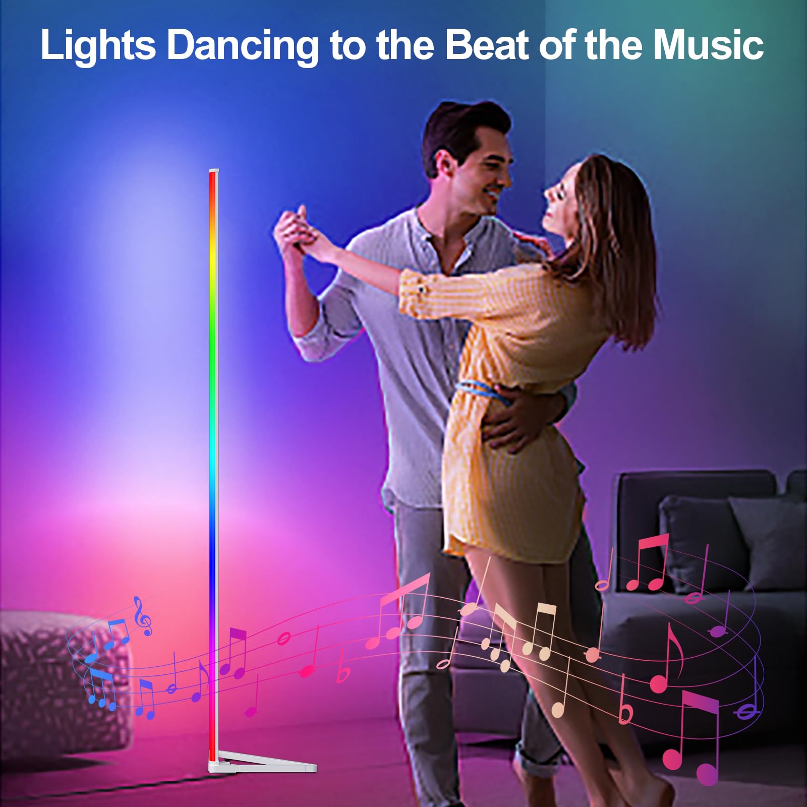 Lot de 2 lampadaires LED RGBIC à intensité variable avec application, hauteur amovible, 16 millions de couleurs, 300 modes de scène, synchronisation de la musique, minuterie, lampe d'angle