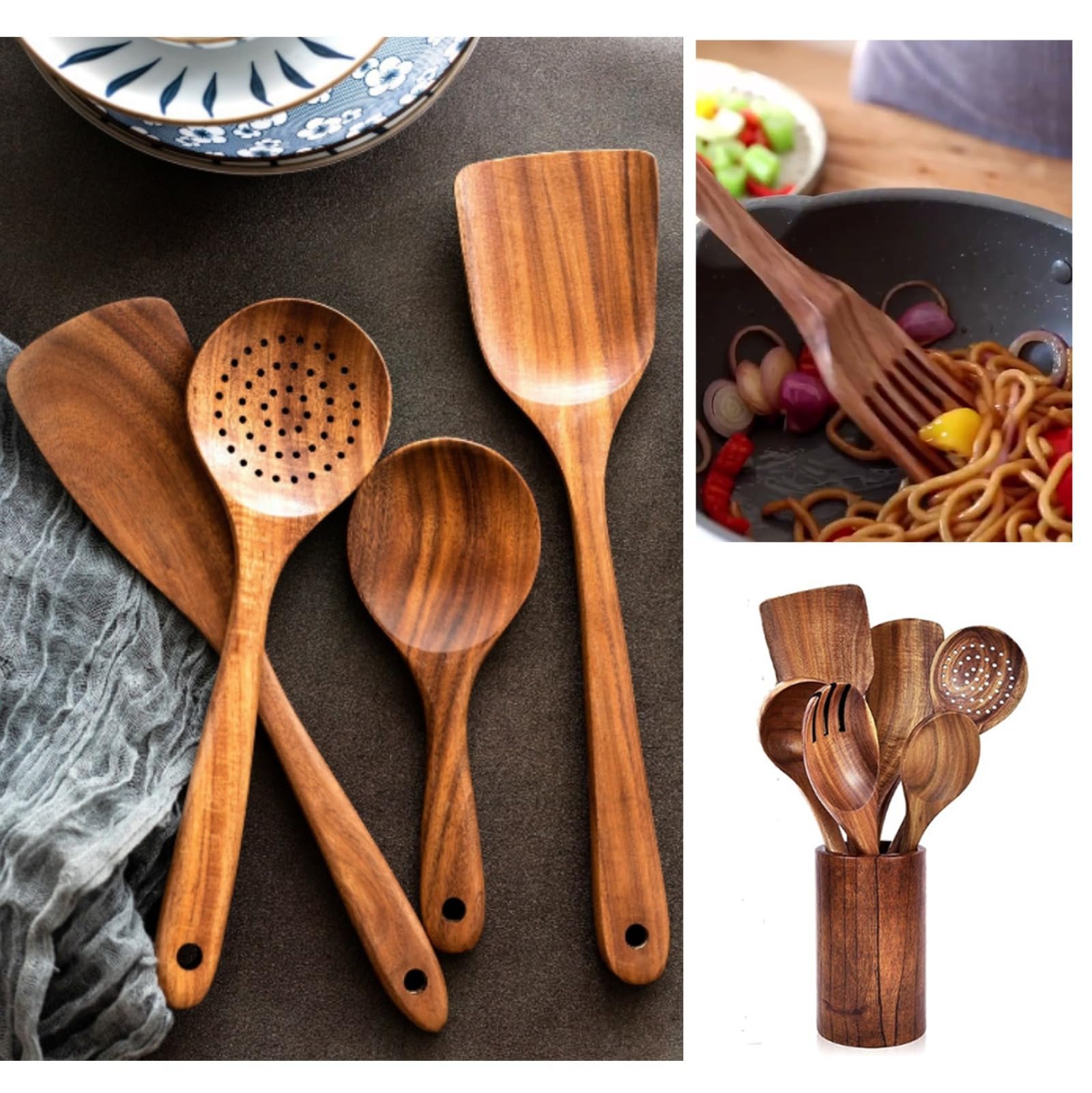 Holz Kochbesteck Set, Küchenhelfer Set aus Teakholz, 8 teiliges Premium Kochlöffel Set, Holzspatel zum Kochen, Rühren und Braten für die Küche