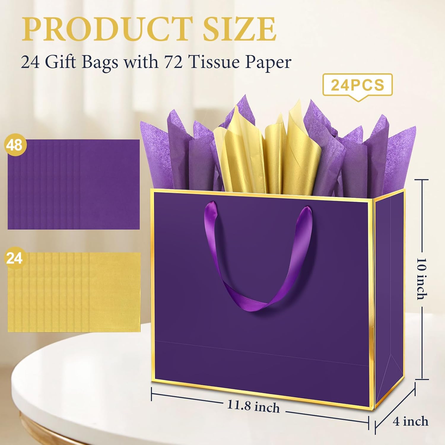 Addblu 24 Pack Large Gift Bags with Handles - Includes 72 Tissue Papers, 11.8x10x4 Inches for Thank You, Wedding, Bridesmaid, Birthday Party, Valentine's Day, Holiday (Purple and Gold Trim, 24Pcs)