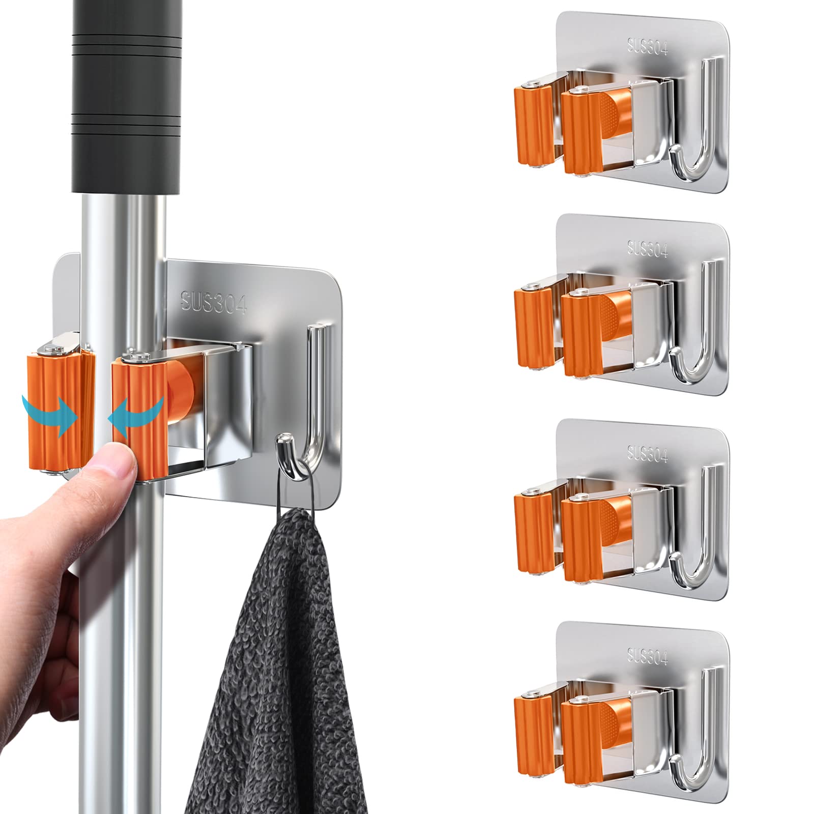 homeasyMop Broom Holder, 4 Pcs Stainless Steel Self Adhesive Mop Holder Wall Mounted with Hooks Hanger Self-Adhesive Broom Holder for Bathroom, Kitchen, Office, Closet, Garden Garage(Orange)