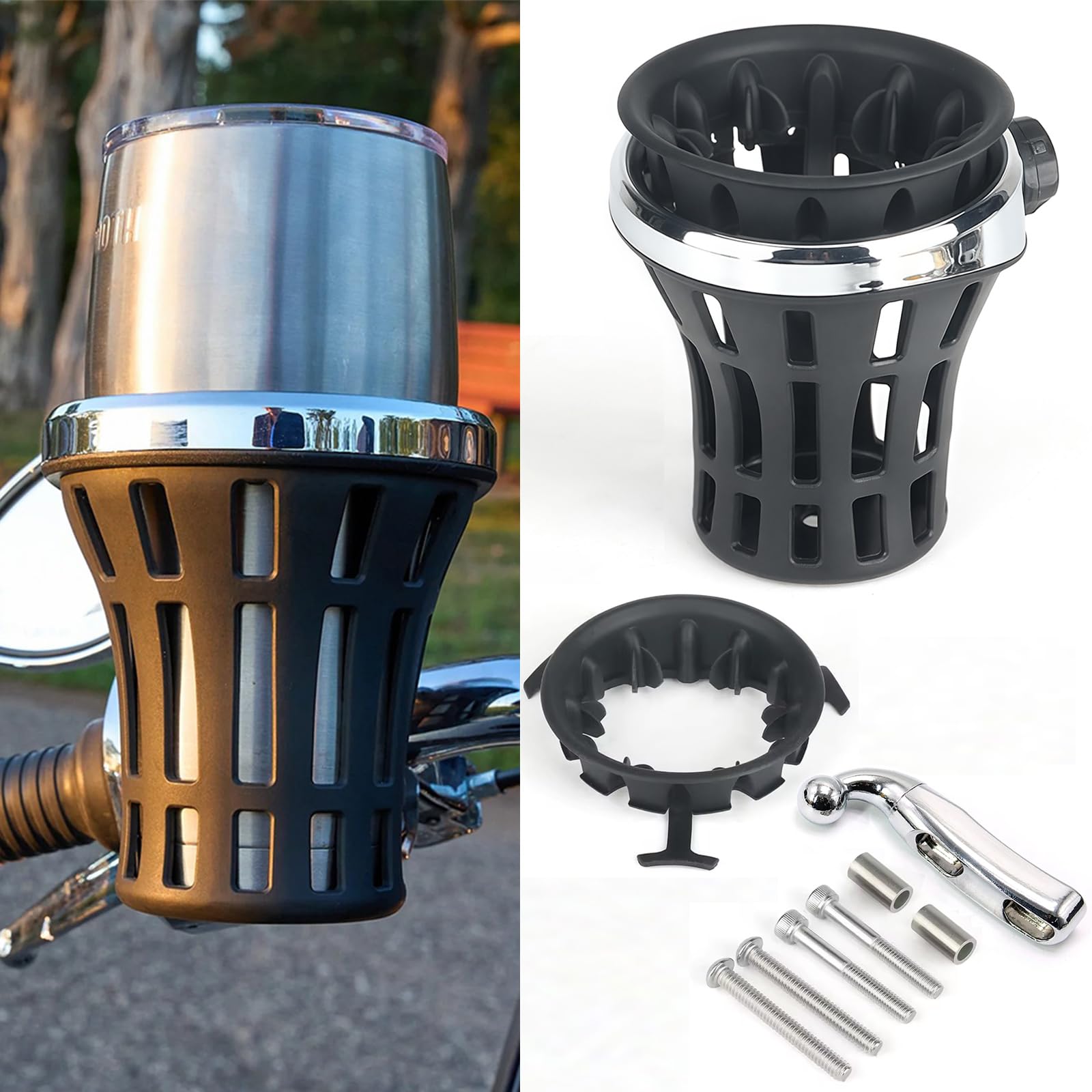 RUNNING PANTHER Upgraded Motorcycle Handlebar Drink Cup Holder Mount for Harley Davidson Passenger Water Bottle Holder with Mesh Basket Universal for Honda GL1800 DCT (Chrome, 142MM)