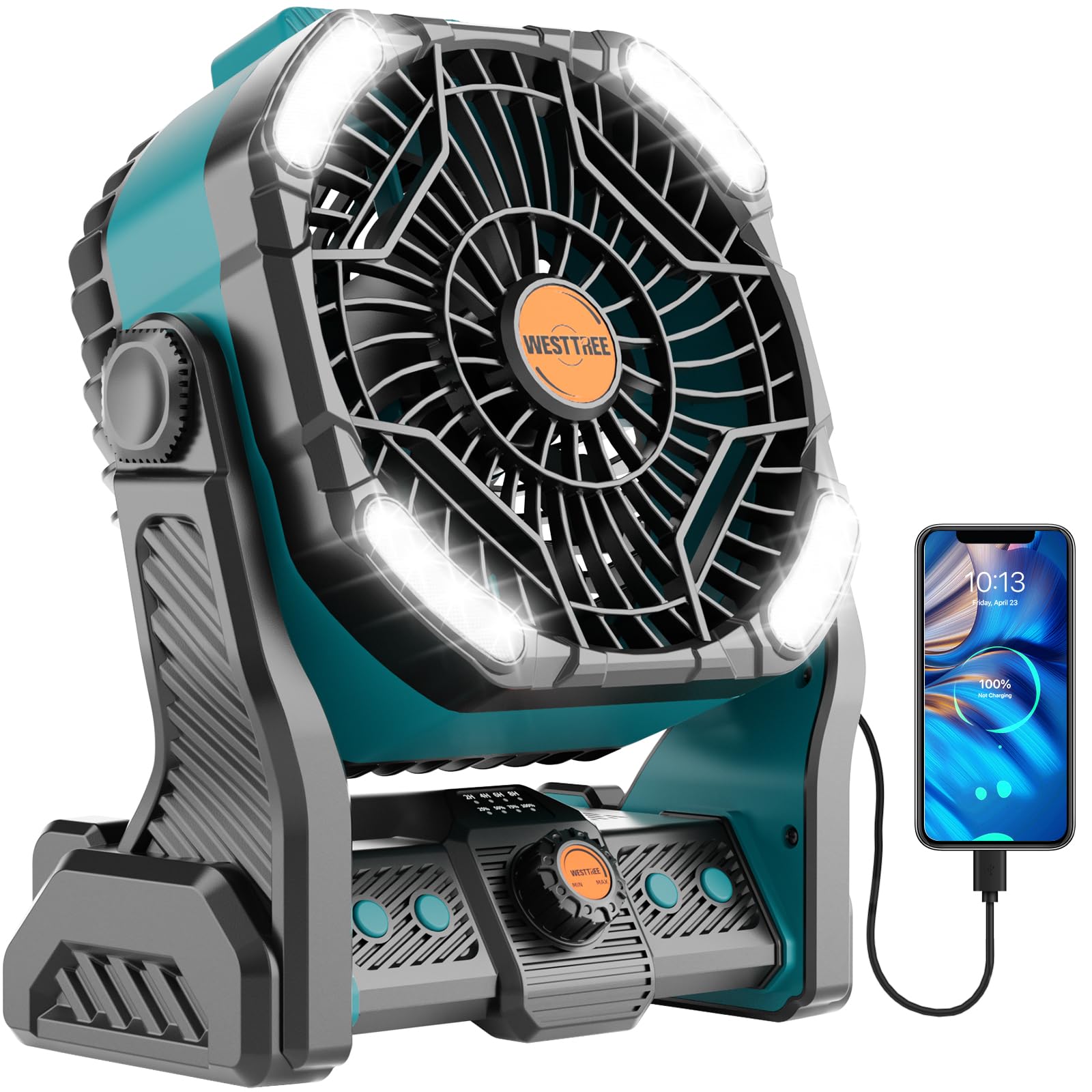 20000mAh Battery powered fan Camping essentials Rechargeable fan Portable Battery Operated Tent with Light Hook X26A Cyan