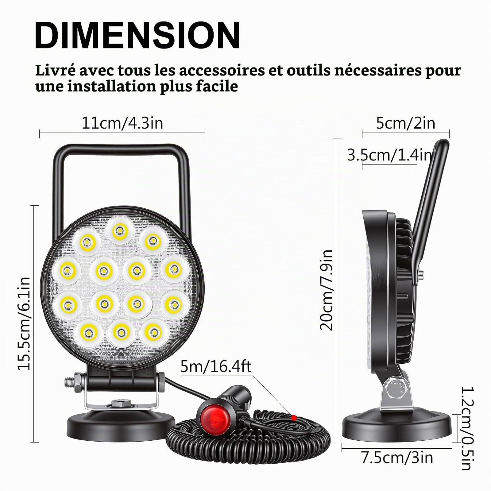RIGIDON 1x 10 cm 4 pouces 42W rond lampe de travail portable allume-cigare