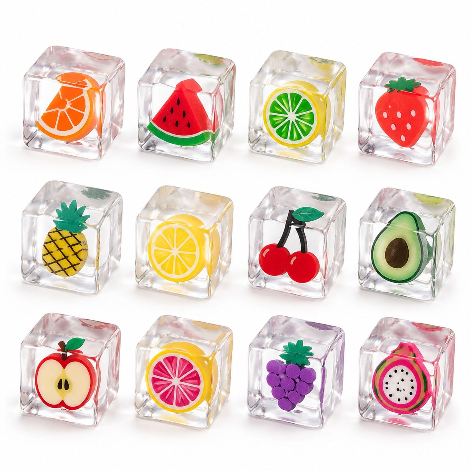 12 PCS Fruit Squishy, Ice Cube Squishy, Refreshing Decor for Home and Office, For Squishies Lovers and Those Who Love Fruit inspired Decor